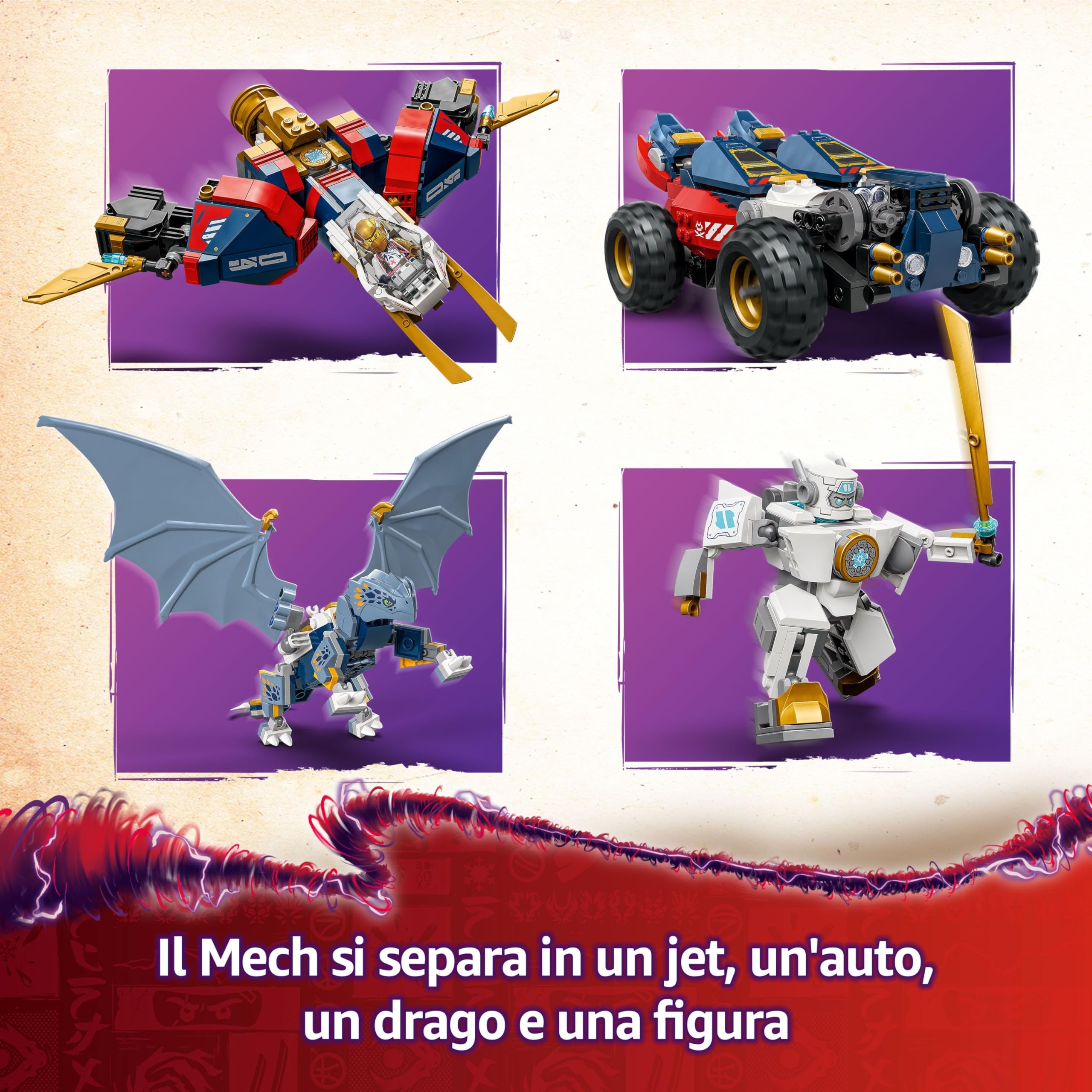 LEGO NINJAGO Mech Ultra Combinatore di Zane - Robot Giocattolo 4 in 1 Separabile in Aereo, Macchina, Drago e Action Figure con 6 Minifigure, Giochi per Bambini da 9 Anni da La Rivolta dei Draghi 71834