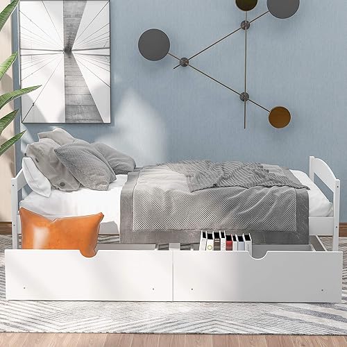 Miniatura 3 de P PURLOVE Cama de almacenamiento de plataforma de tamaño individual con 2 cajones, cama de capitán, muebles de dormitorio con 2 cajones, color blanco