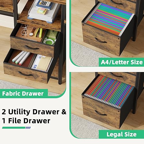 Miniatura 5 de GYIIYUO Escritorio para dos personas de 93 pulgadas con estación de carga, escritorio largo con 3 cajones de tela y estante para impresora,