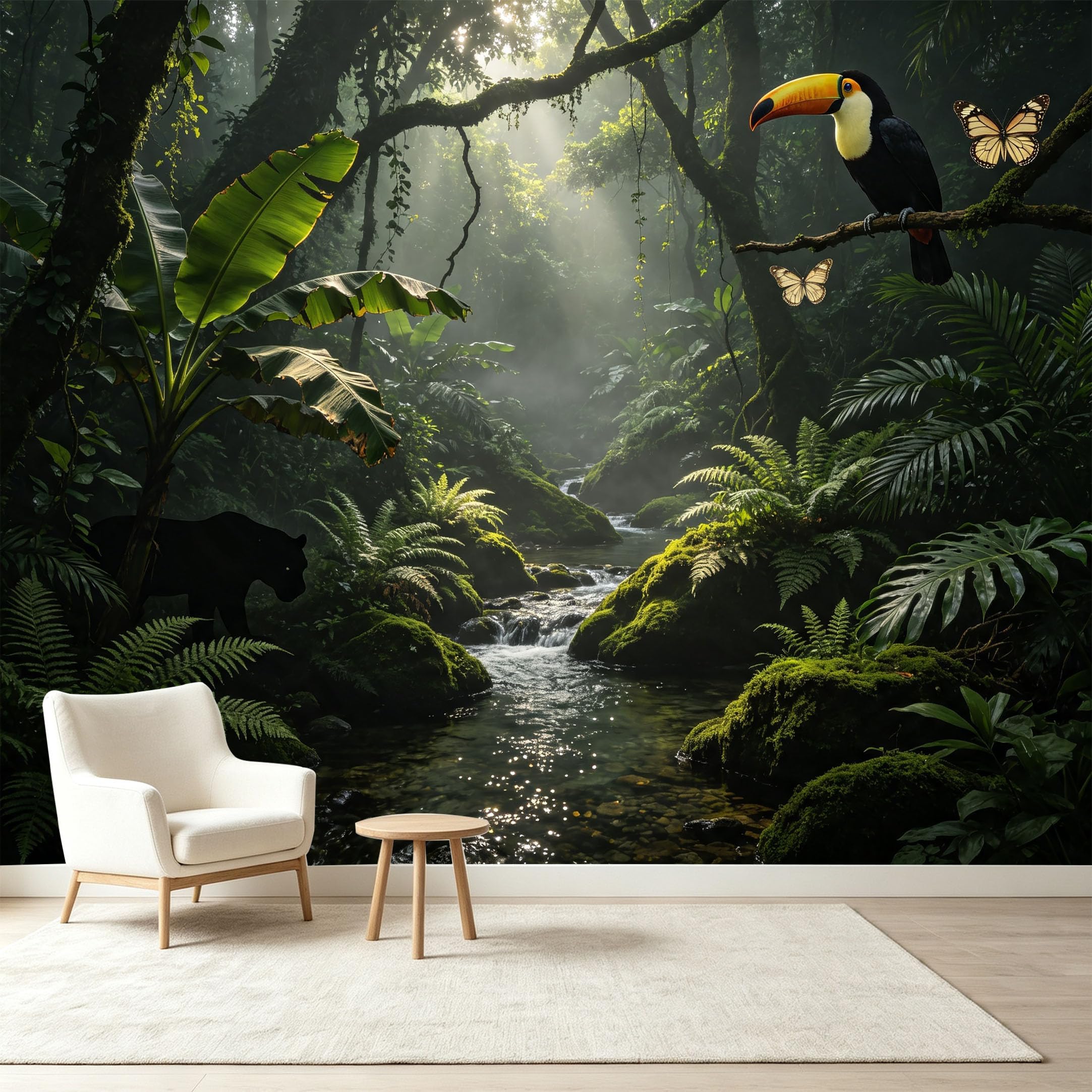 Custom Size Wall Murals Tropical Rainforest Toucan Stream Panther Butterfly Jungle Nature Self-Adhesive Wall Fabric Removable Wallpaper Wall Decor for Living Room Bedroom Bathroom