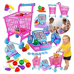 Kit Mercado Infantil Com Carrinho E Caixa Registradora Brinquedo Educativo De Compras Com Frutinhas, Moedas E Cartão