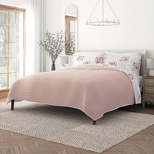 Merit Linens Edredón de 3 piezas de color rosa rubor con 2 fundas de almohada, ligero, para todas las estaciones, con costuras de cachemira, juegos