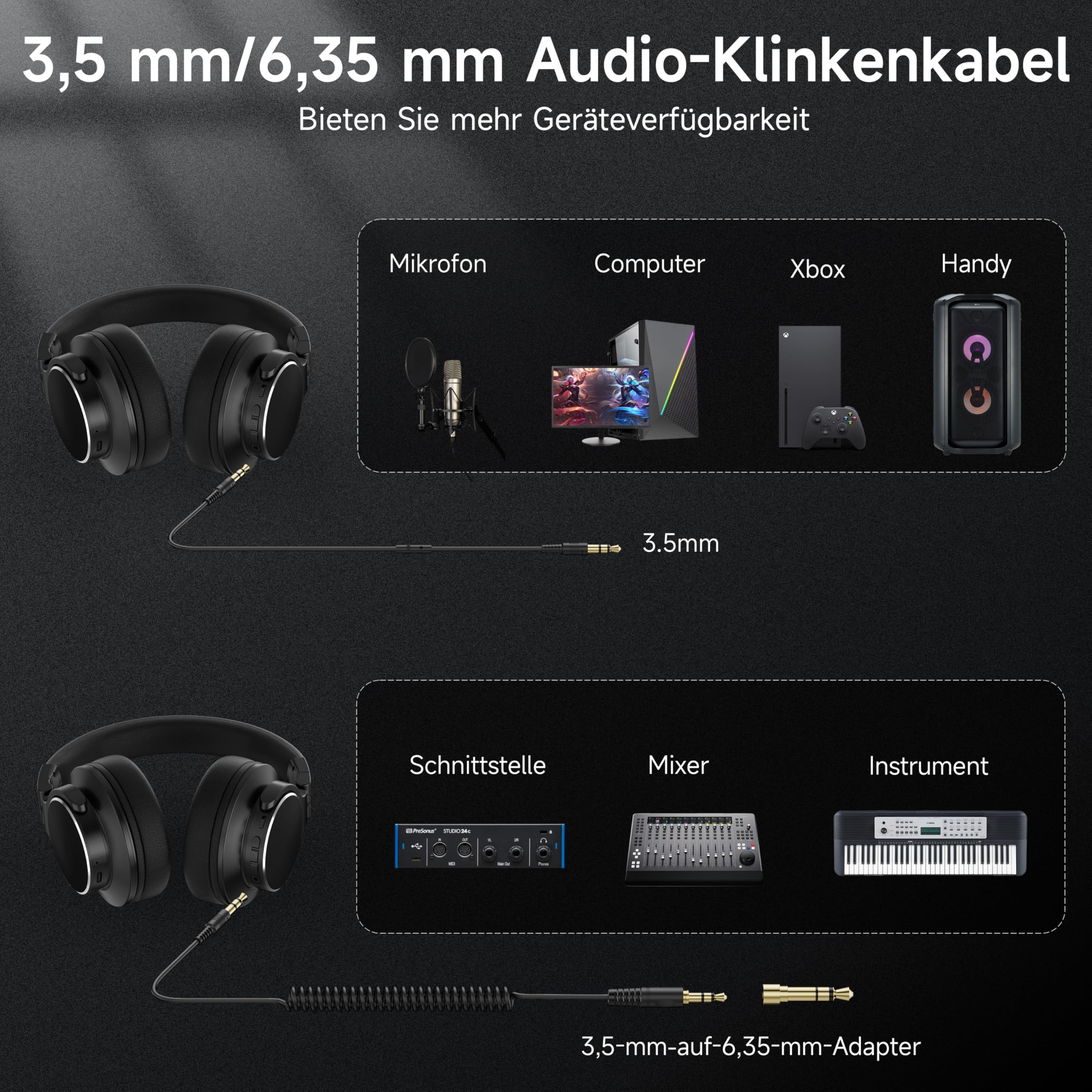 syndesmos Professionelle Studio Kopfhörer, Over Ear Kopfhörer mit Kabel, 6.35 & 3.5mm Klinke, 50mm Treiber, DJ & Monitoring Kopfhörer, DJ Headphones für Studio, Podcast, Handy, PC, E-Drum Gitarre