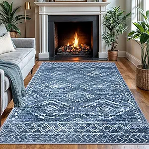 KILOCOCO Area Rug 4'x6' Entryway Rug Washable Bedroom Rugs Non Slip Printed Boho Low-Pile Rubber Backed Blue Soft Rugs for Kitchen Living Room Dining Geometric Moroccan Carpet, Stonewashed Blue