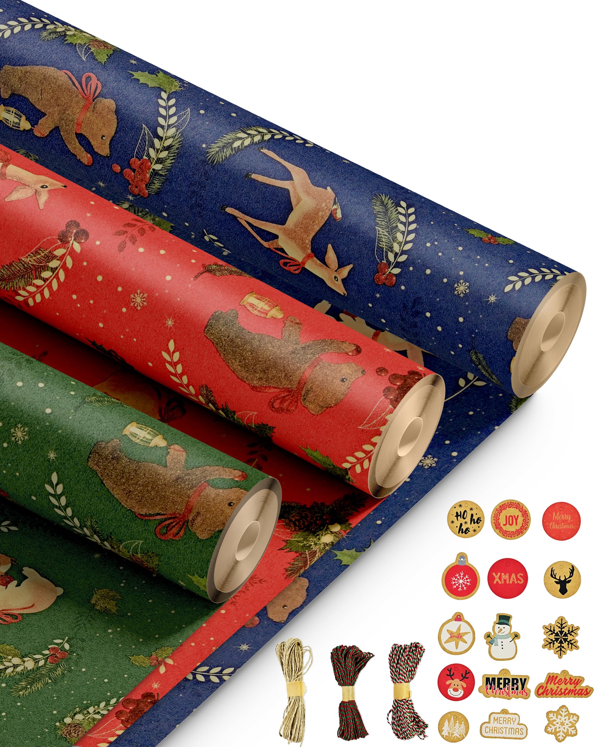 Kraft & Co – 3 Pack Kraft Christmas Wrapping Paper Rolls 69cm x 8m, Recycled & Eco-Friendly Gift Wrap with 15 Tags & 3-Color Twine, Christmas Wrap Tear-Resistant, Sustainable Packaging, Total 24m Rol