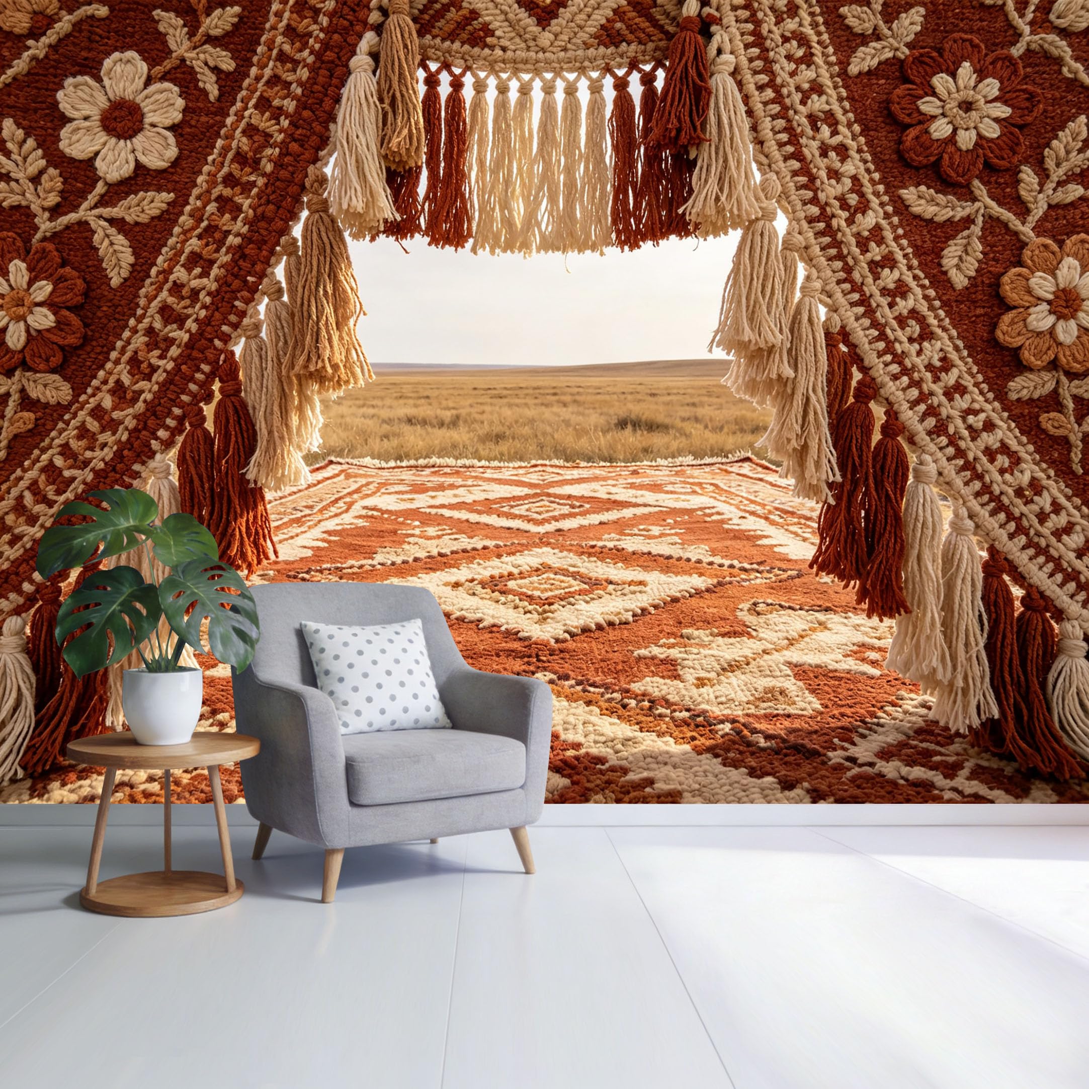 Custom Size Wall Mural Bohemian Geometric Pattern Knitted Tassel Carpet Western Landscape SelfAdhesive Wall Fabric Removable Wallpaper for Home Office Decor