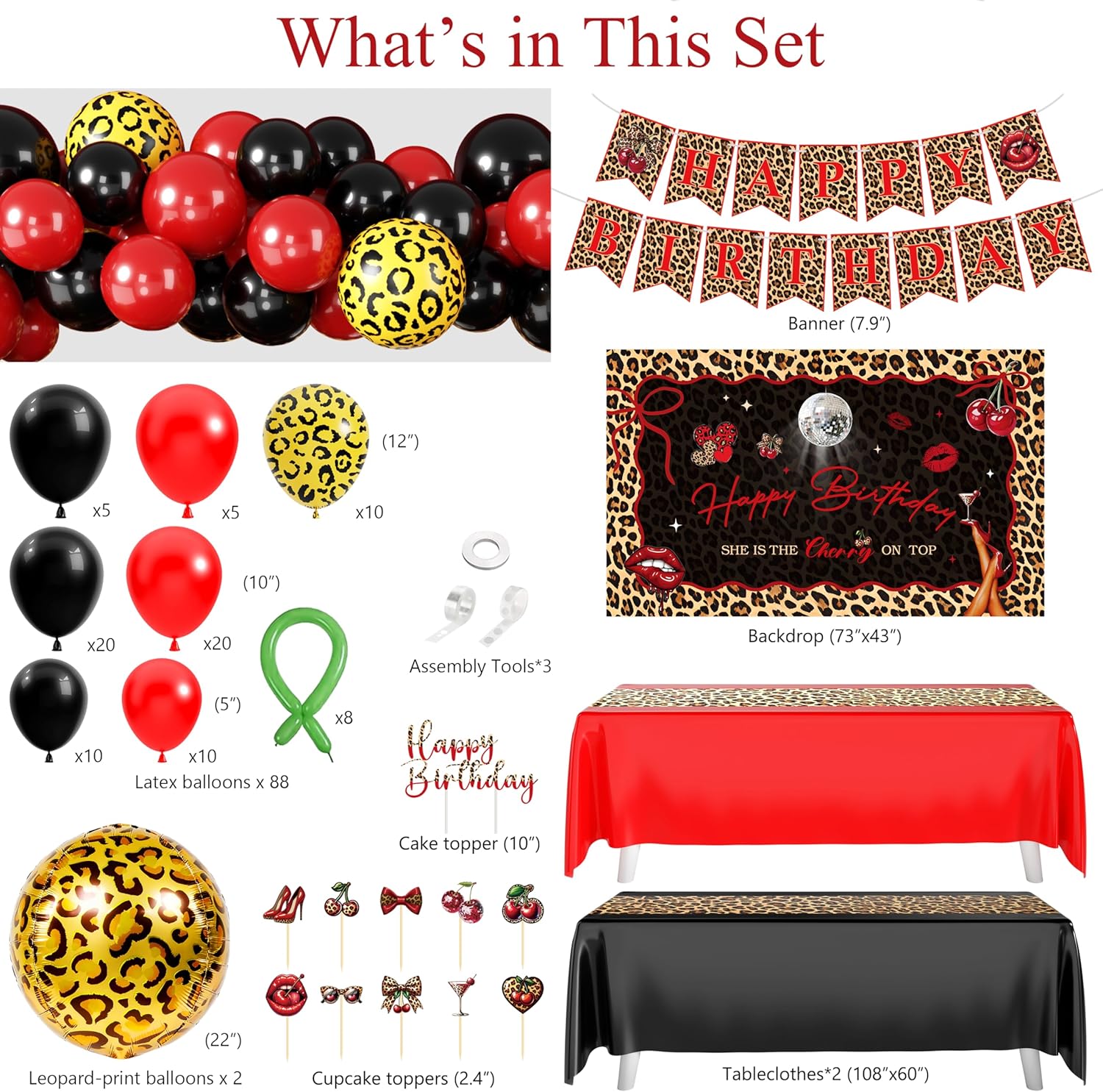 Cheetah Print Birthday Decorations, 124 Pcs Leopard Birthday Decorations Includes Cheetah and Cherry Print Balloons, Banner and Tablecloth, Red and Black Party Decorations Supplies for Women Party - Image 2