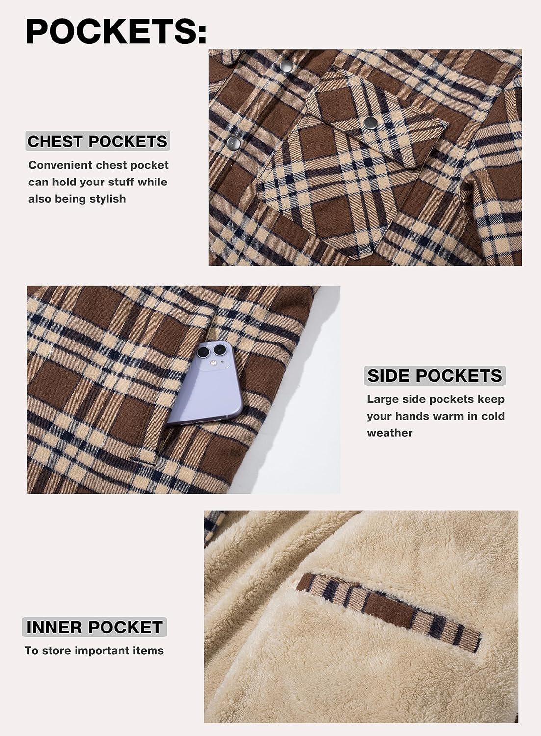 MAGCOMSEN Men's Flannel Jacket Fleece Lined Plaid Jacket Long Sleeve Sherpa Jacket Button Up Winter Jacket with Hood