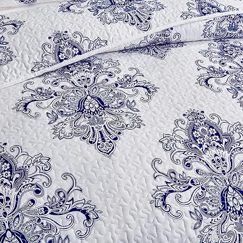 Miniatura 2 de FlySheep - Juego de edredón geométrico de 2 piezas para niños, tamaño individual, estampado de medallón azul sobre blanco, microfibra cepillada para