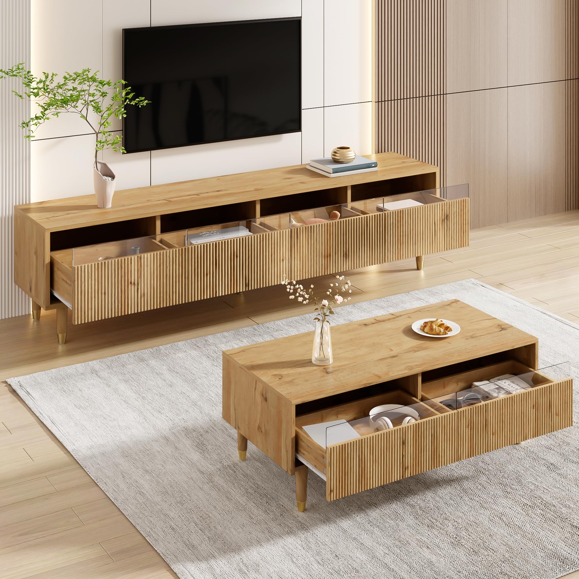 Juego de muebles de salón, mueble de TV con 4 puertas y mesa de café con 2 cajones, diseño de madera dorada, iluminación LED, estructura ondulada y frontal acrílico, espacio de
