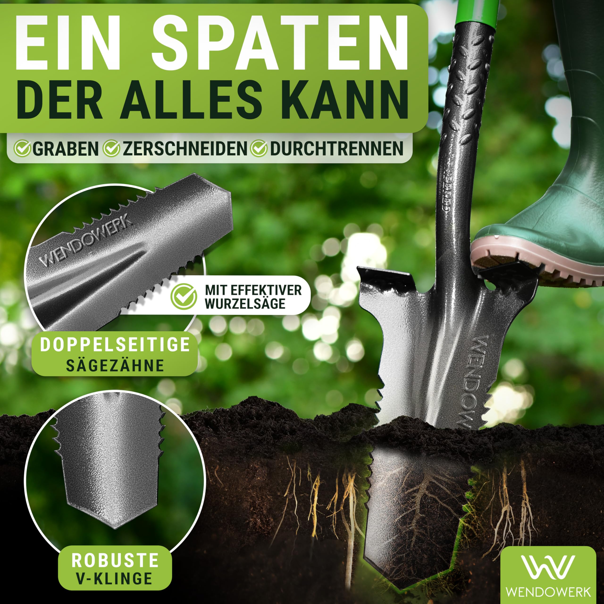 WENDOWERK®️ Spaten mit Wurzelsäge - Wurzelspaten mit extra breiter Trittfläche für harte Böden & ergonomischen Griff - Spaten mit Wurzelsäge für einfaches Graben im Garten - Stabiler Gartenspaten