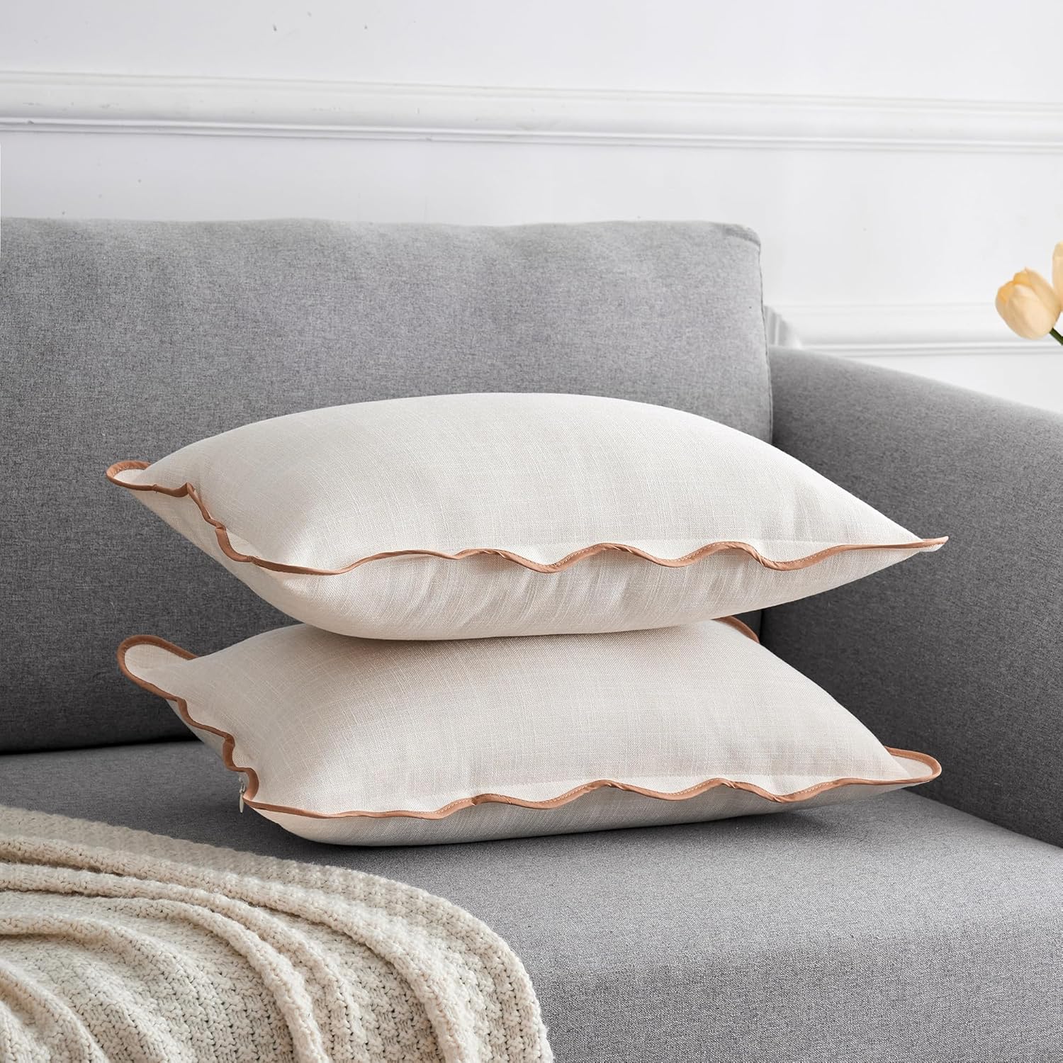 Scalloped Throw Pillow Covers 12x20 Inch Set of 2, Cotton & Linen, Boho Sytle Decorative Couch Bed for Living Room (Beige Pillow & Brown Edge) - Image 4