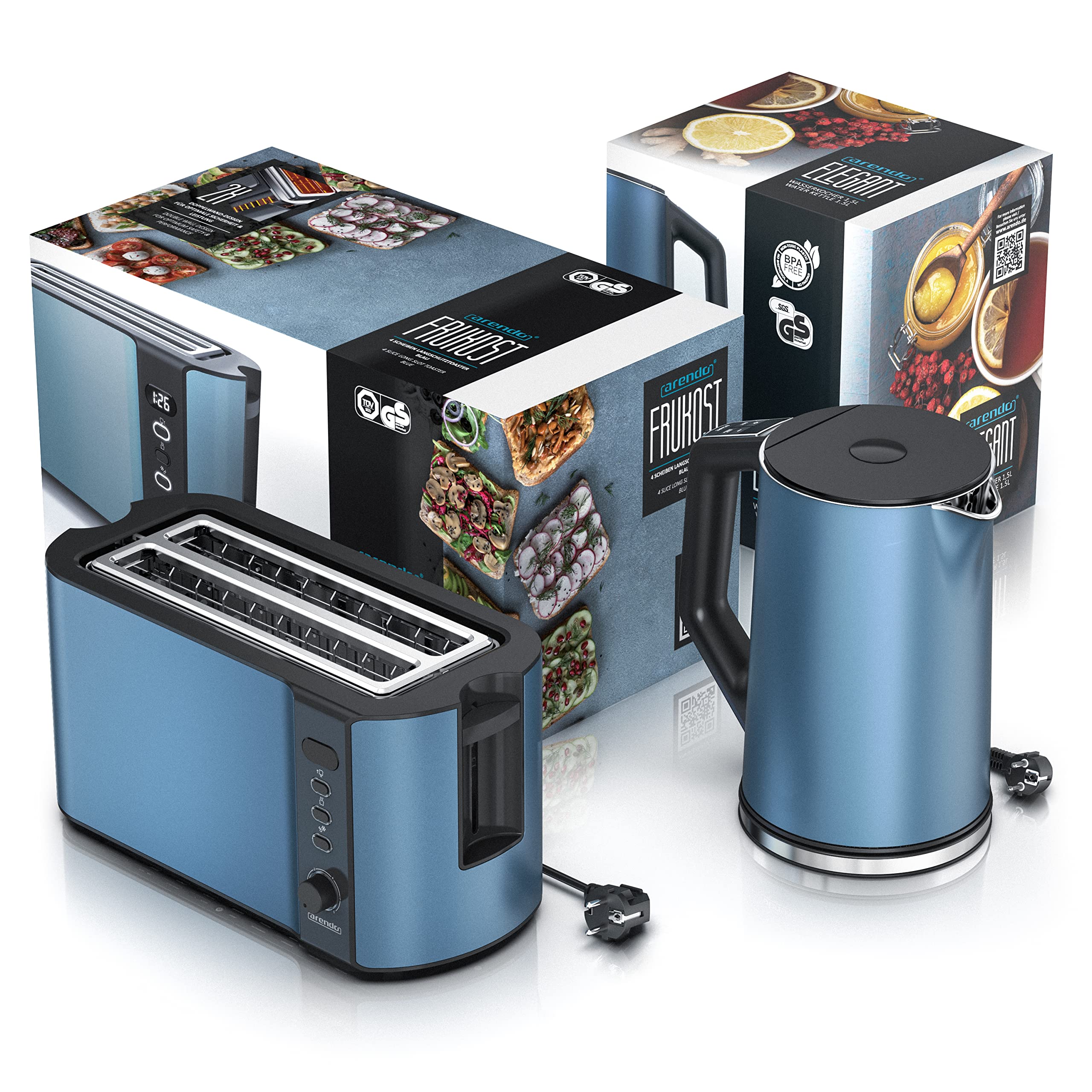 Arendo Wasserkocher Toaster SET Edelstahl Blau 1,5L 40-100°C 4 Scheiben LED-Display