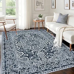 KUTA Area Rug 5x7 Navy Blue, Washable Rugs for Living Room Ultra Soft Non-Slip Printed Flower Distressed Vintage Floral Farmhouse Carpet for Bedroom Dining Room Dorm Office Home Décor