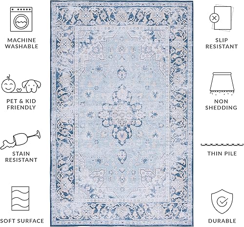 Miniatura 3 de SAFAVIEH Tucson Collection - Alfombra de área de 5 x 8 pies, diseño azul claro y azul marino, persa, no desprende pelusa, lavable a máquina y