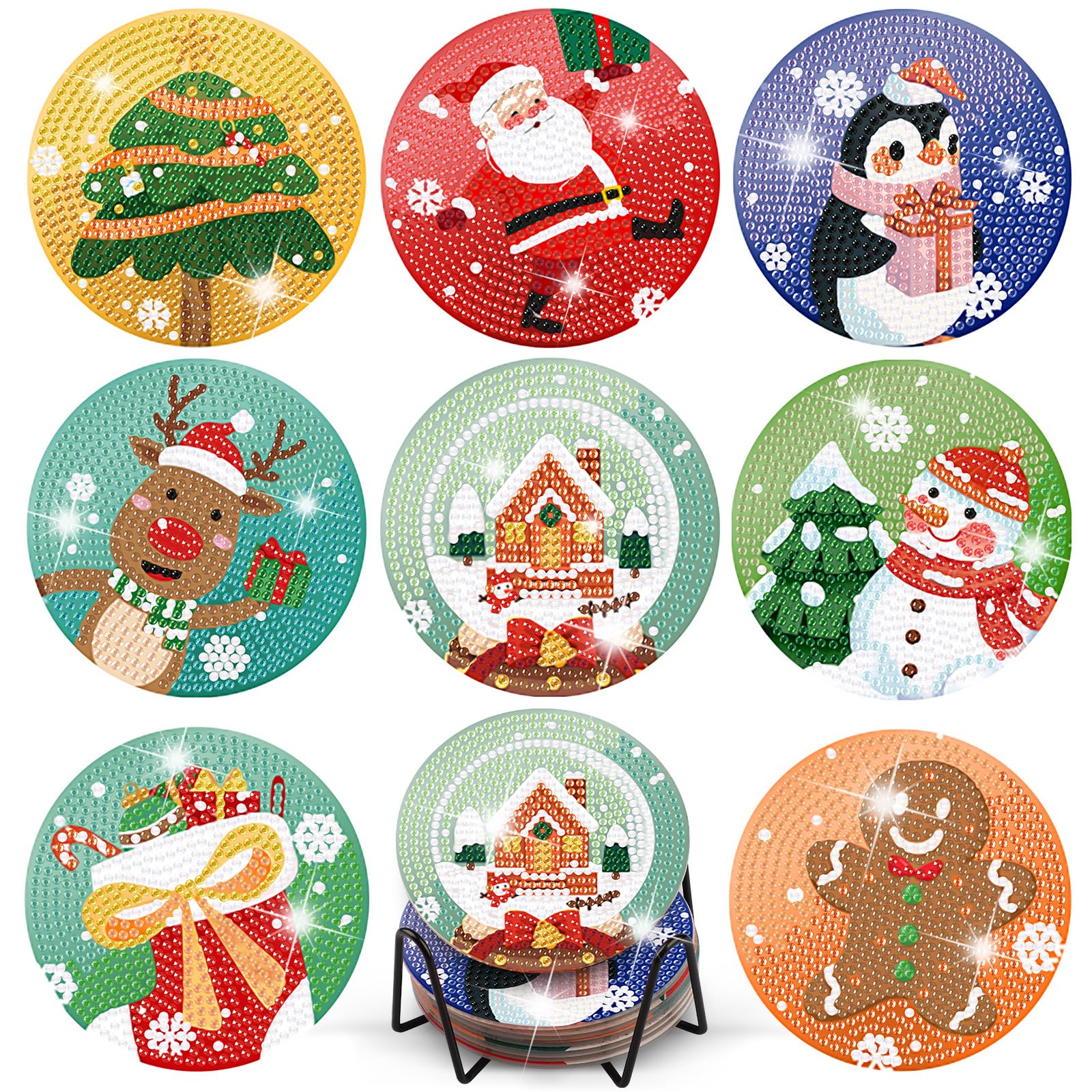 TLIOBLO Christmas Diamond Painting Coasters with Holder, DIY Diamond Art Coasters Winter for Adults, Coffe Drink Coasters with Cork Backing for Table Protection Decoration