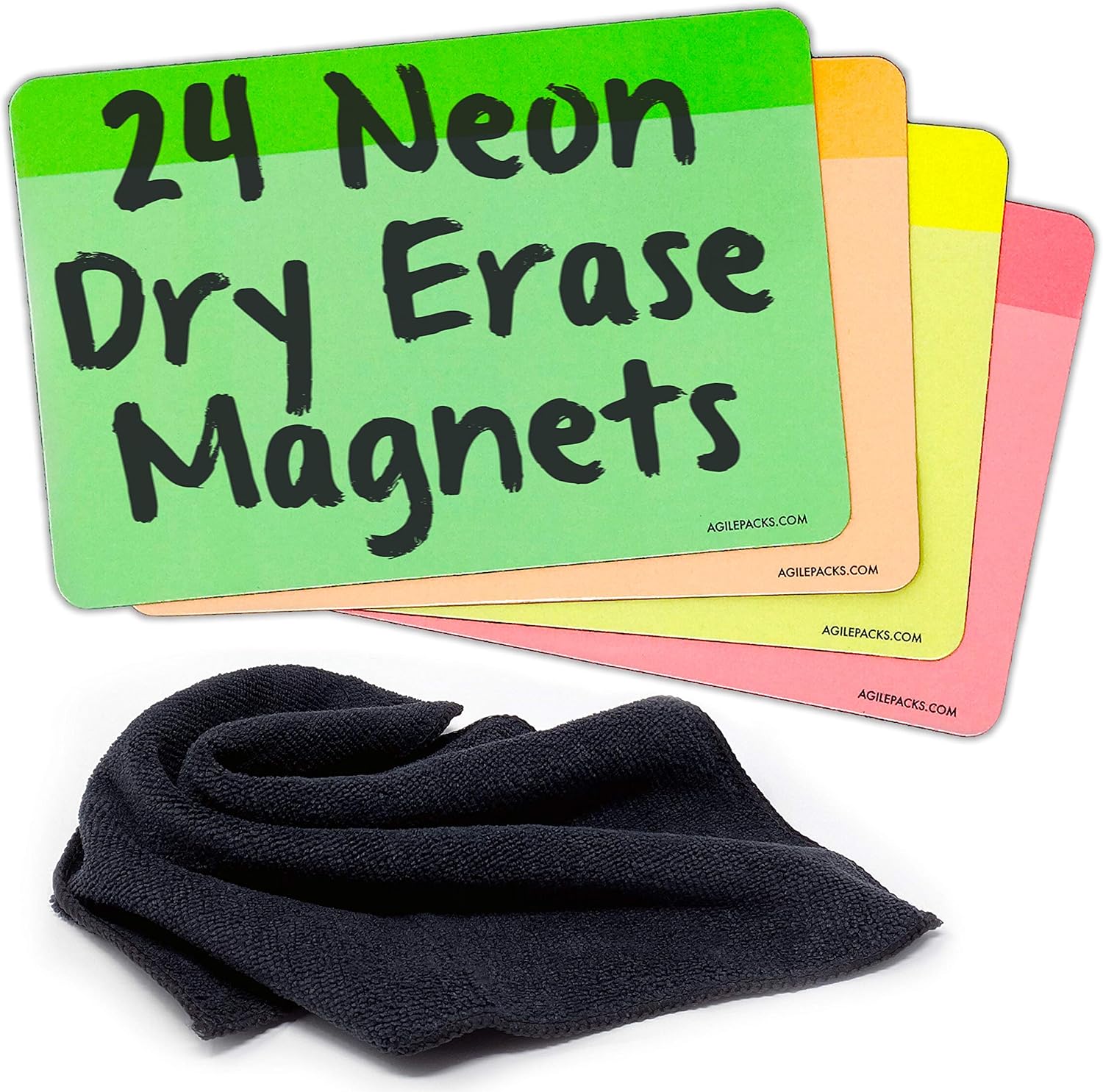 Neon Dry Erase Whiteboard Magnets by AgilePacks | 4" x 6" Reusable Magnets Plus Magnetic Microfiber Eraser Cloth