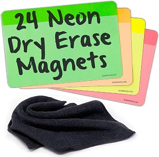 Neon Dry Erase Whiteboard Magnets by AgilePacks | 4" x 6" Reusable Magnets Plus Magnetic Microfiber Eraser Cloth