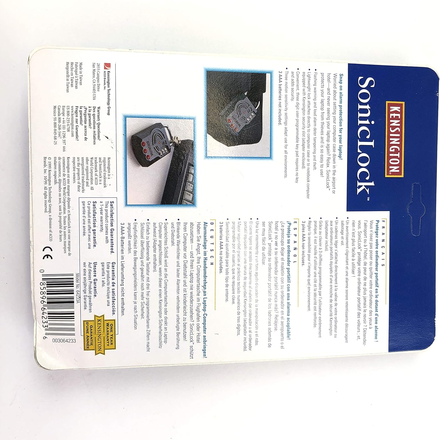 Back of Kensington Soniclock packaging with features and instructions