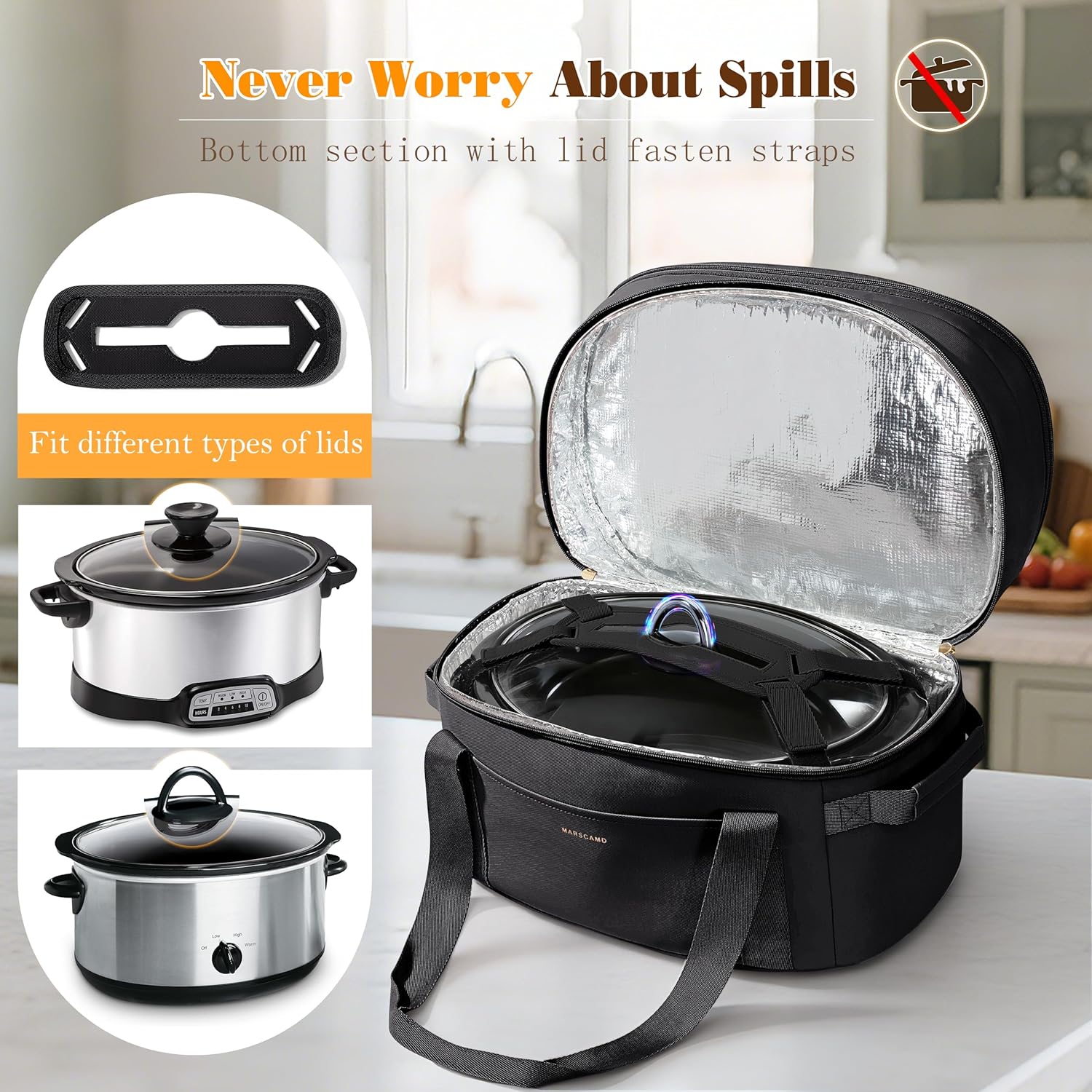 Double Layers Slow Cooker Carrying Bag Compatible with 6-8 Quart Crockpot and Hamilton Beach, Slow Cooker Insulated Carrier with Utensils Storage Section, Black