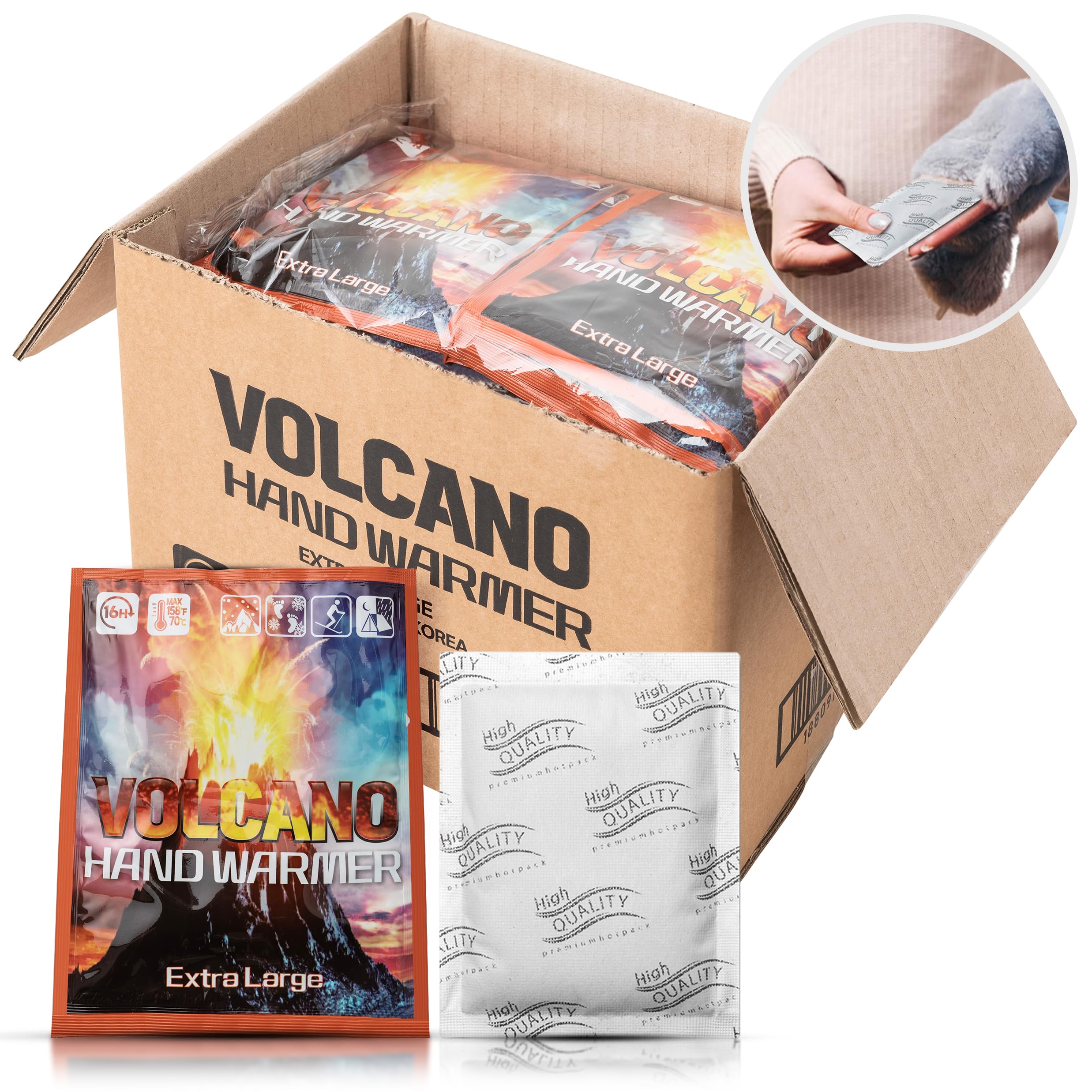 VOLCANO Jednorazowe ogrzewacze do rąk – ekonomiczne opakowanie 40 sztuk – aktywowane powietrzem, wytrzymują 16 godzin użytkowania na kempingu, podczas wędrówek, wędkowania, polowania, klapy tylnej i