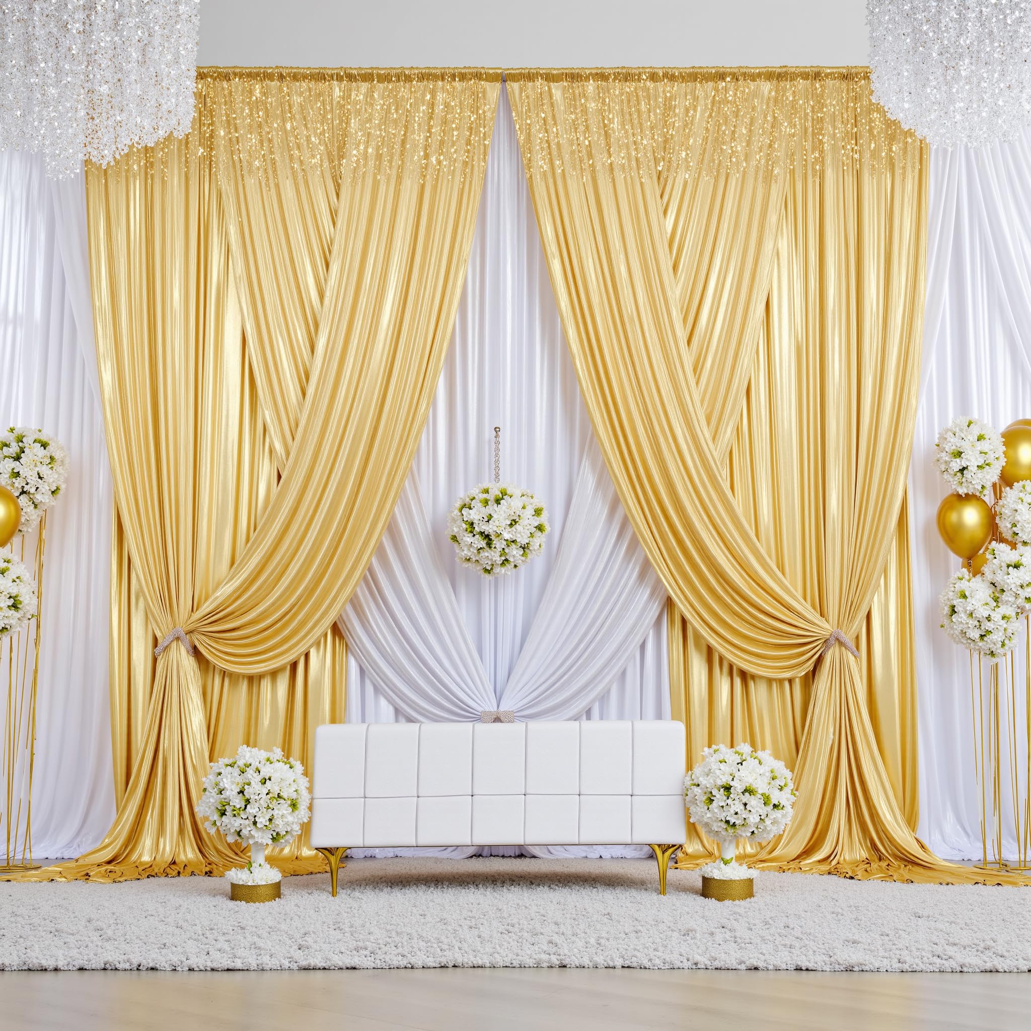 6x3m Gold Glitzer Vorhang – 4 Stück 1,5x3M Faltenfreier Pailletten Hintergrund, Schimmernde Deko Stoff Vorhänge für Hochzeit, Geburtstag, Fotoshooting, Abschlussfeier