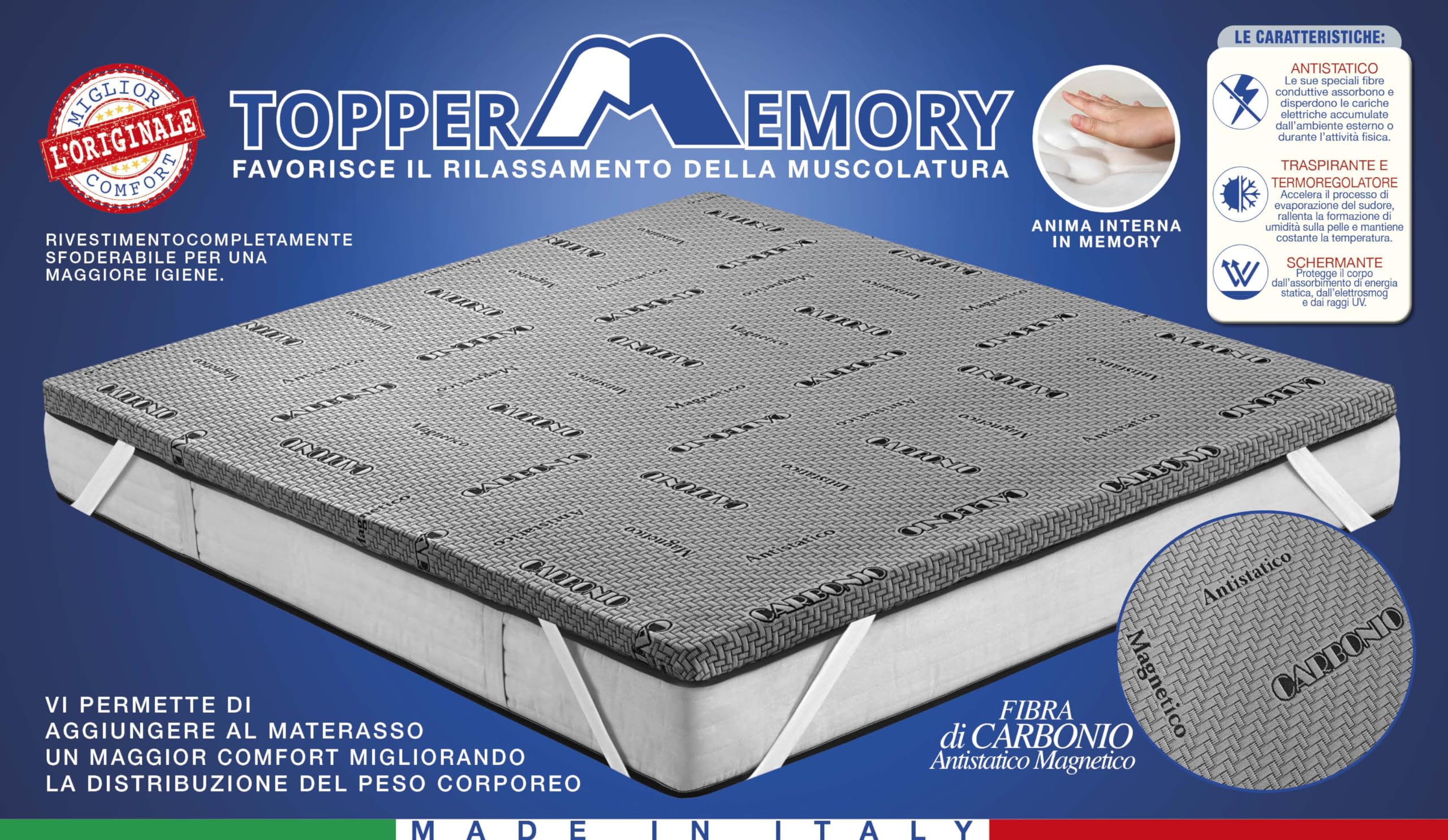 Topper Materassino Coprimaterasso in Memory Foam Sfoderabile Correttore per Sopra Materasso Matrimoniale 2 piazze 160x190 cm Alto 5 cm Modello Carbon