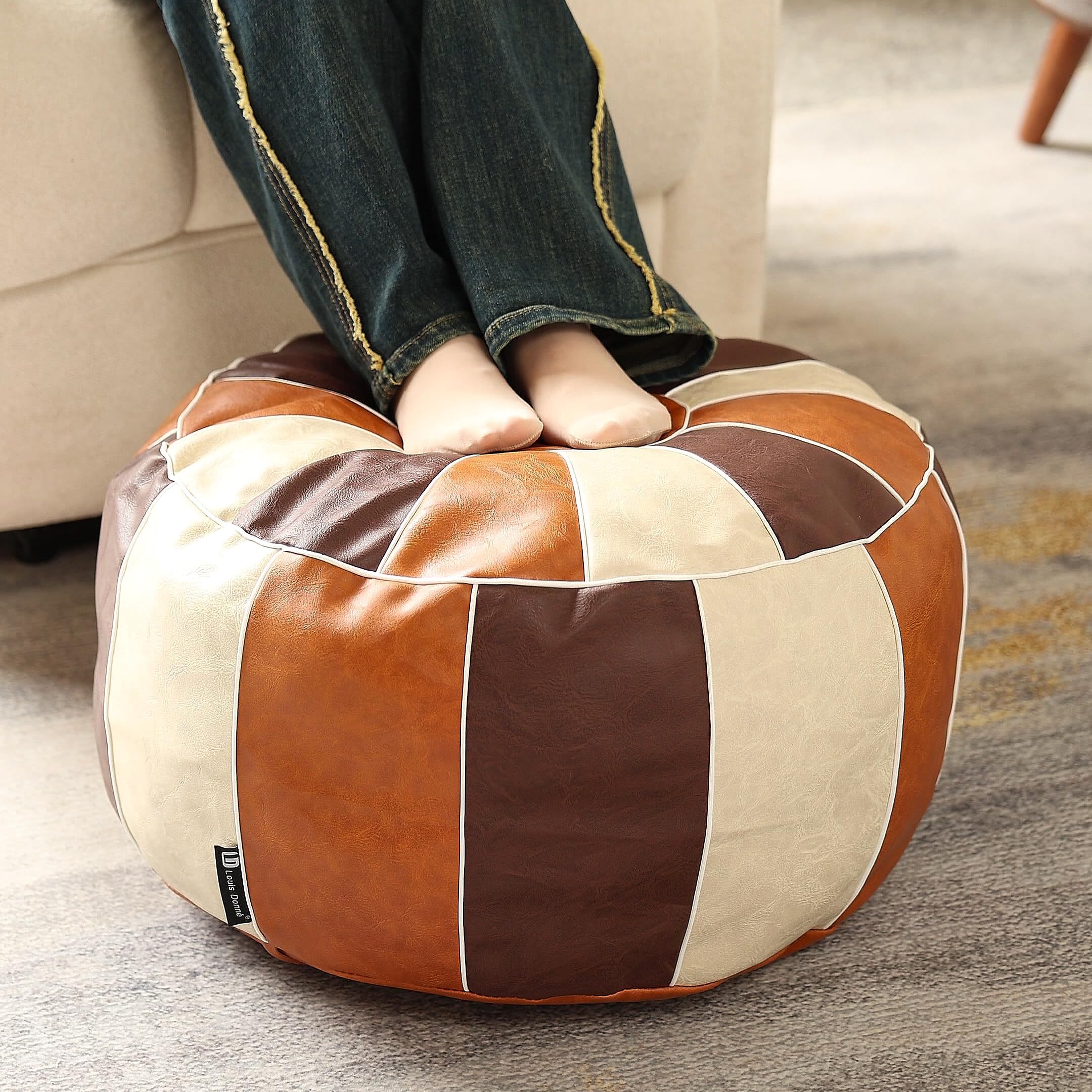 Louis Donné Funda otomana sin relleno, taburete de piel sintética para reposapiés, otomano estilo marroquí, 21 pulgadas, redondo, hecho a mano, para almacenamiento, reposapiés para sala de estar