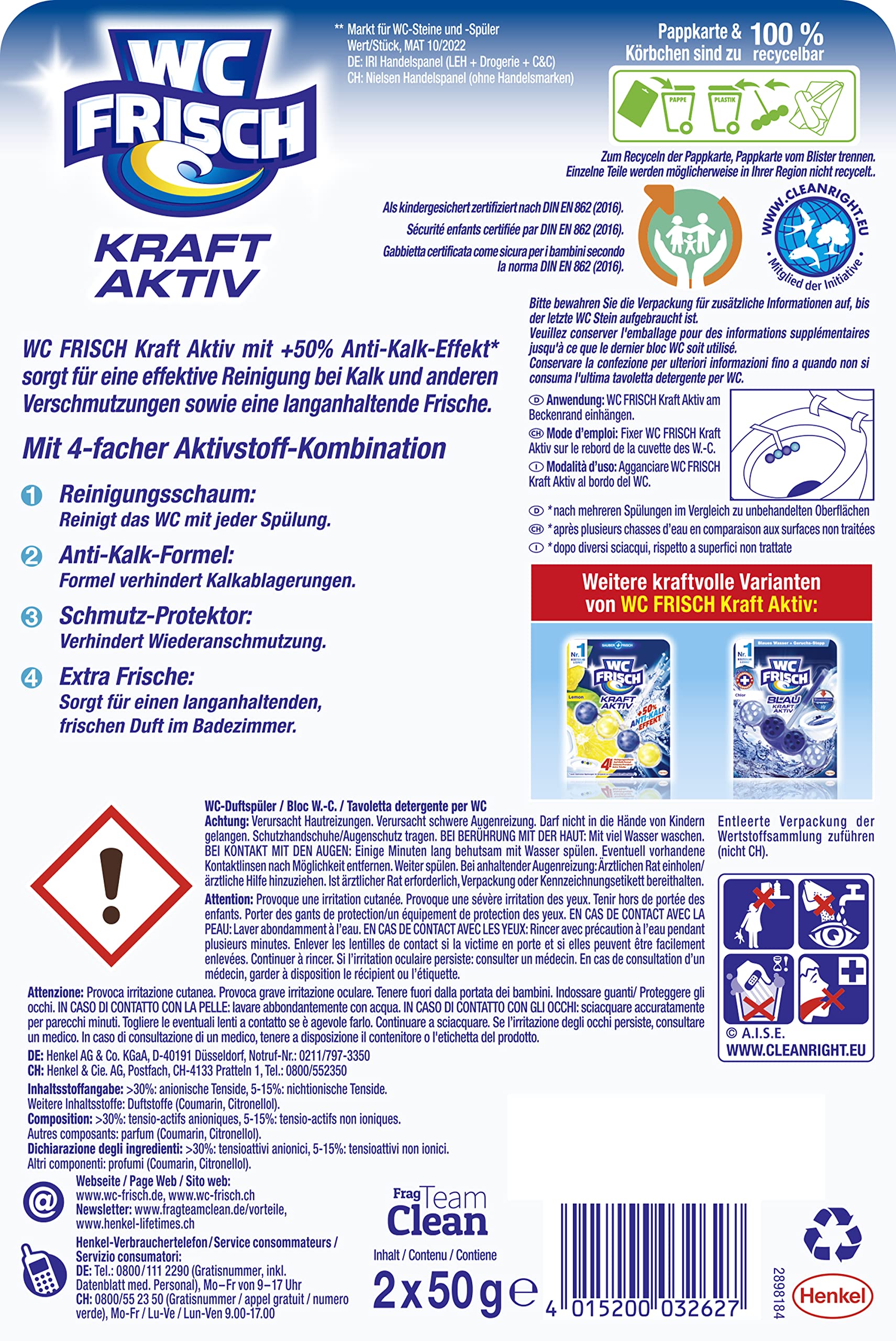 WC FRISCH Kraft Aktiv Duftspüler Frische Brise (10x 100 g), WC Reiniger für Reinigung bei jeder Spülung, Duftsteine für langanhaltend frischen Duft, plus 50 Prozent Anti-Kalk Effekt