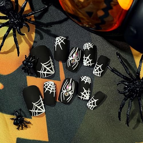 Miniatura 5 de Uñas postizas medianas a presión de Halloween, uñas acrílicas de araña blanca y telaraña, uñas postizas mate con diamantes de imitación, uñas