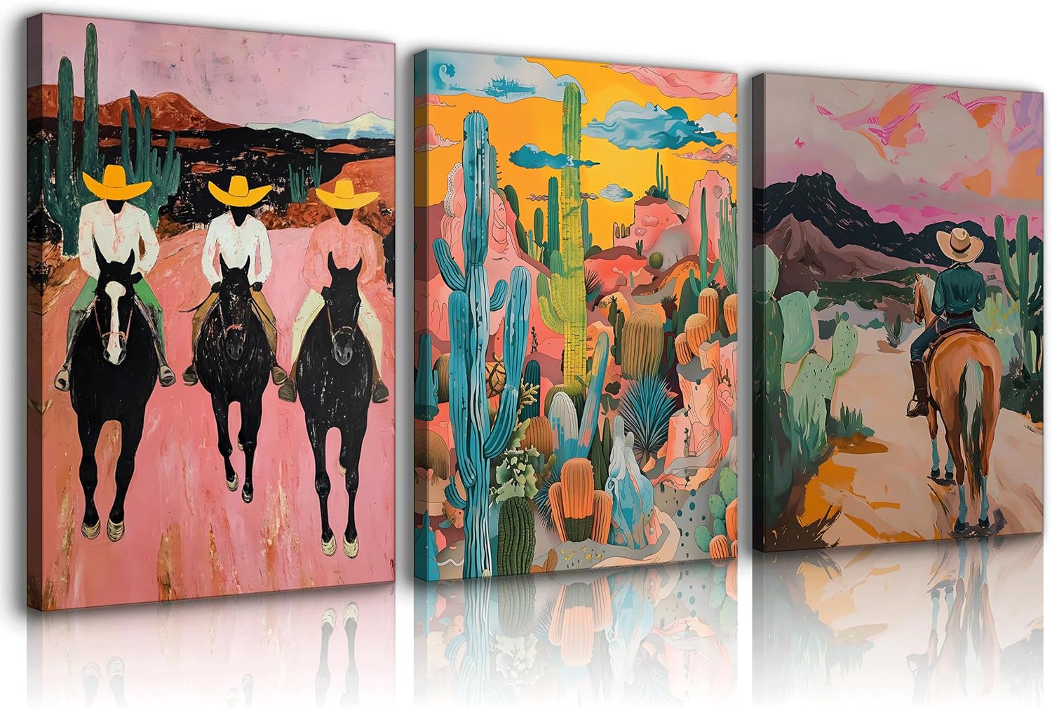 3pcs Western Cowboy Canvas Wall Art Abstract Cowboy Desert Cactus Wall Decor Pictures Vintage Wild Southwest Posters Prints Artwork for Living Room Bedroom Home Paintings Decoration Prepare To Hang