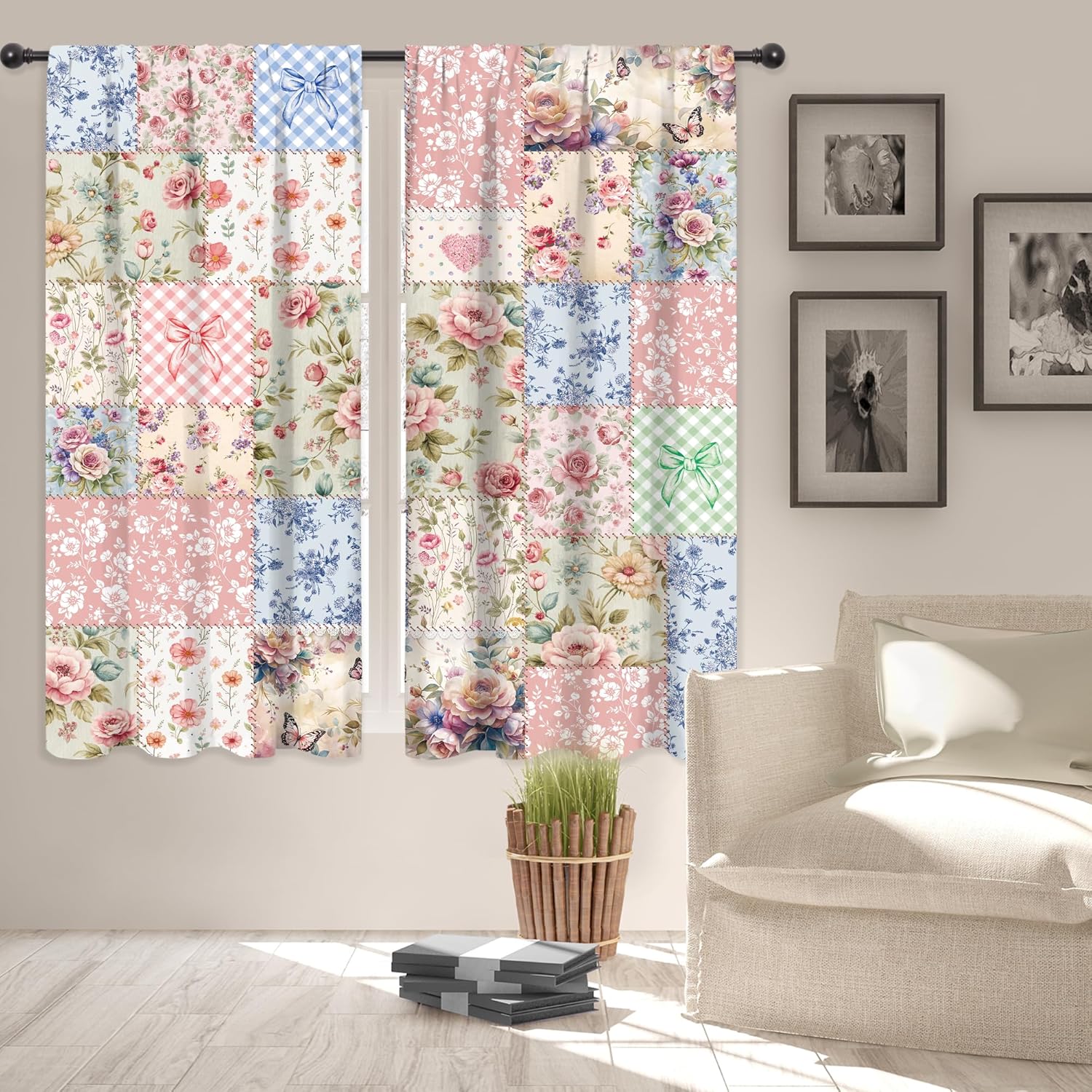 Riyidecor Boho Pink Floral Curtains Shabby Chic Patchwork Vintage Flowers Cute Bohemian Plants Retro Farmhouse Rod Pocket for Women Female Bedroom Living Room Treatment Fabric 2 Panels 42Wx63H Inch