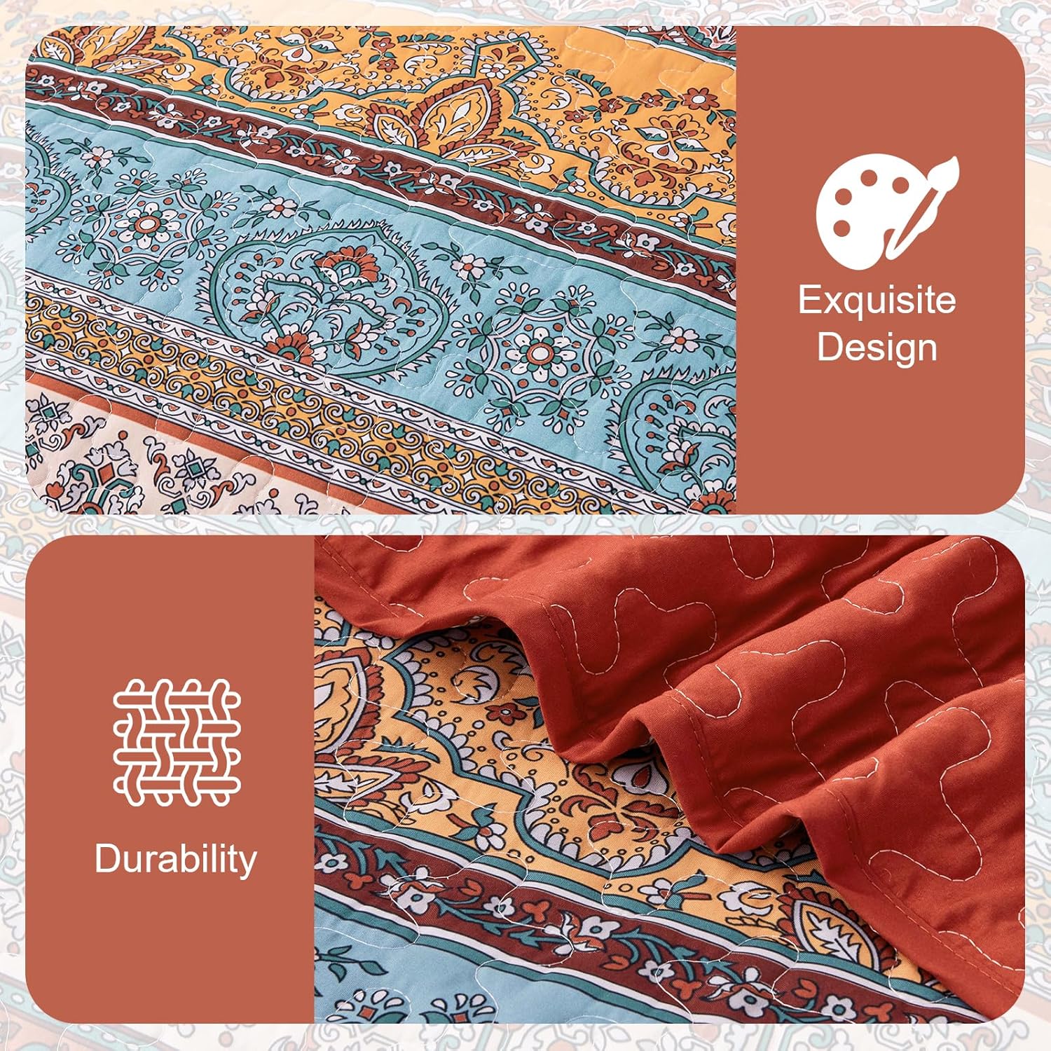 WONGS BEDDING Boho Quilt Set King Size Burnt Orange, 3 Pieces Fall Striped Bedspread Coverlet Set, Christmas Halloween Soft Lightweight Microfiber for All Season(104"×90") - Image 6