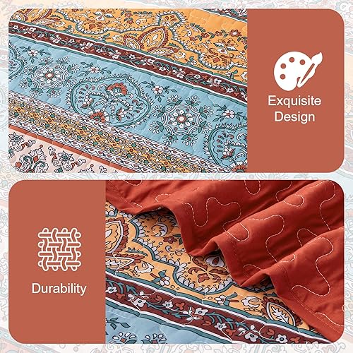 Vista 156 de WONGS BEDDING Juego de edredón bohemio tamaño Queen Aqua, juego de colcha de 3 piezas a rayas, de microfibra ligera y suave bohemia para todas