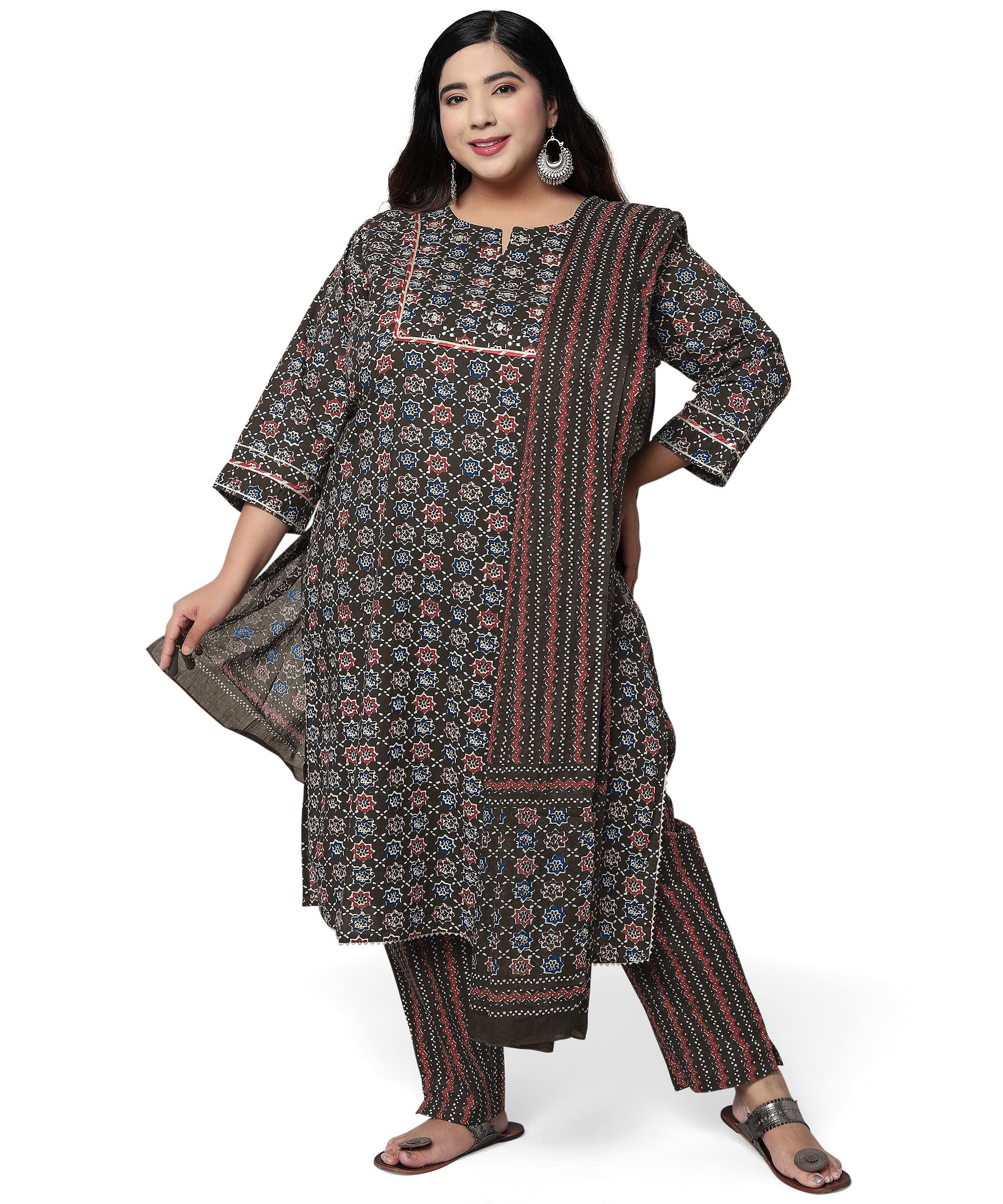 MIRCHI FASHIONPlus Size Women Straight Fit Cotton Printed Kurta with Trouser Pant & Dupatta Set