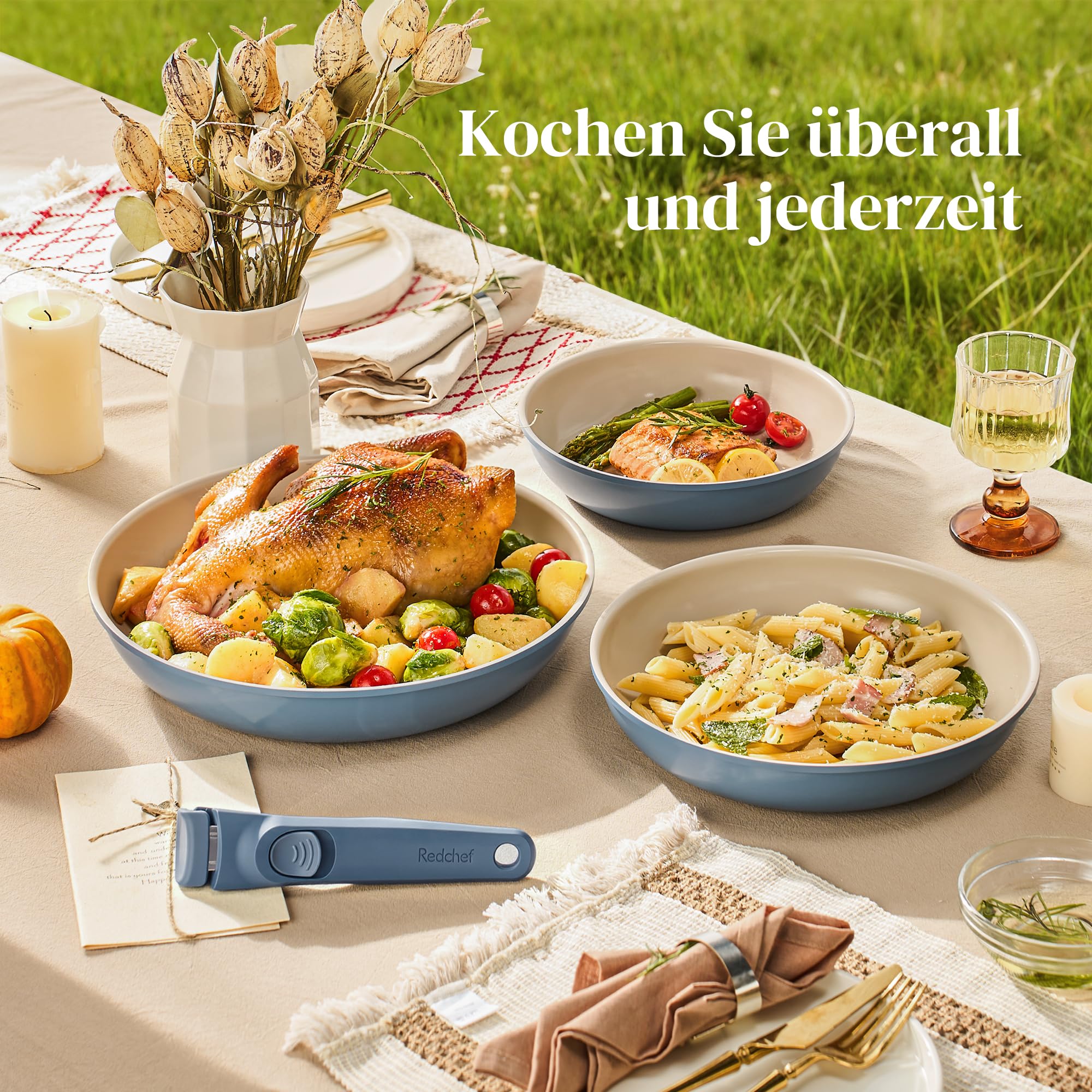 Redchef Zestaw patelni ze zdejmowanym uchwytem, patelnia indukcyjna, patelnia ceramiczna z powłoką zapobiegającą przywieraniu, 6-częściowy zestaw 20, 24, 28 cm oszczędzający miejsce, patelnie