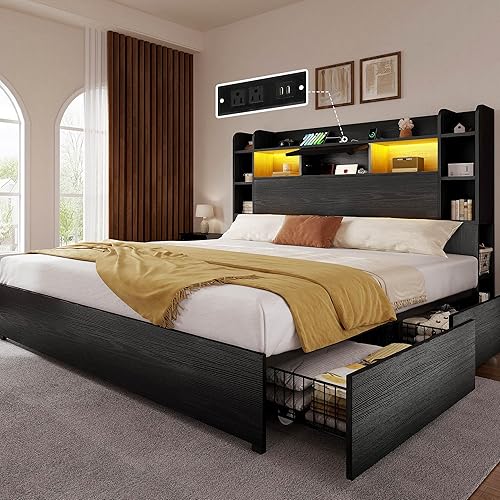 Miniatura 11 de YITAHOME Base de cama tamaño Queen con cabecera de estantería y 4 cajones de almacenamiento, marco de cama LED RGB con estación de carga tipo C y