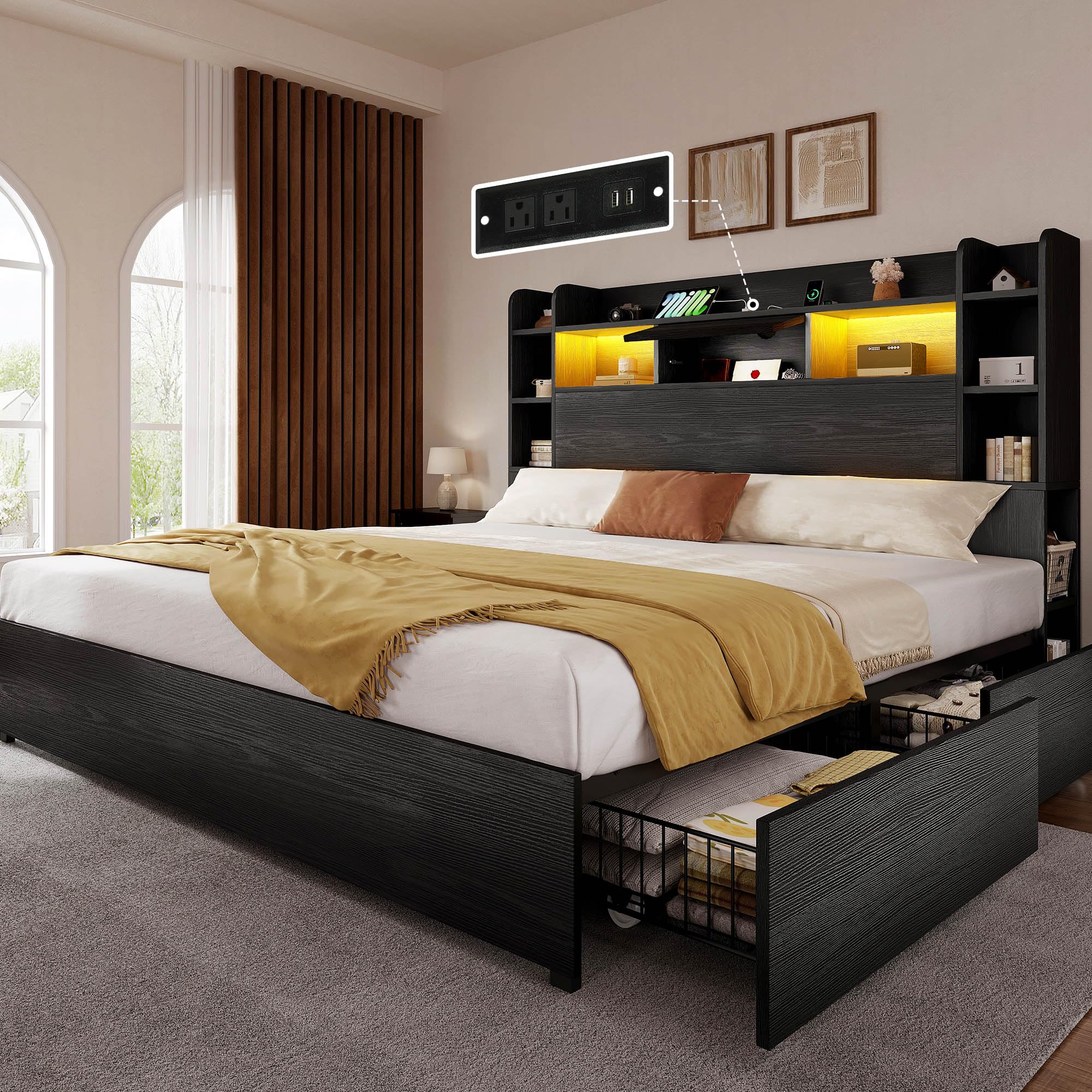 YITAHOME King Size Bed Frame with Bookcase Headboard and 4 Storage Drawers RGB LED Bed Frame with Type-C