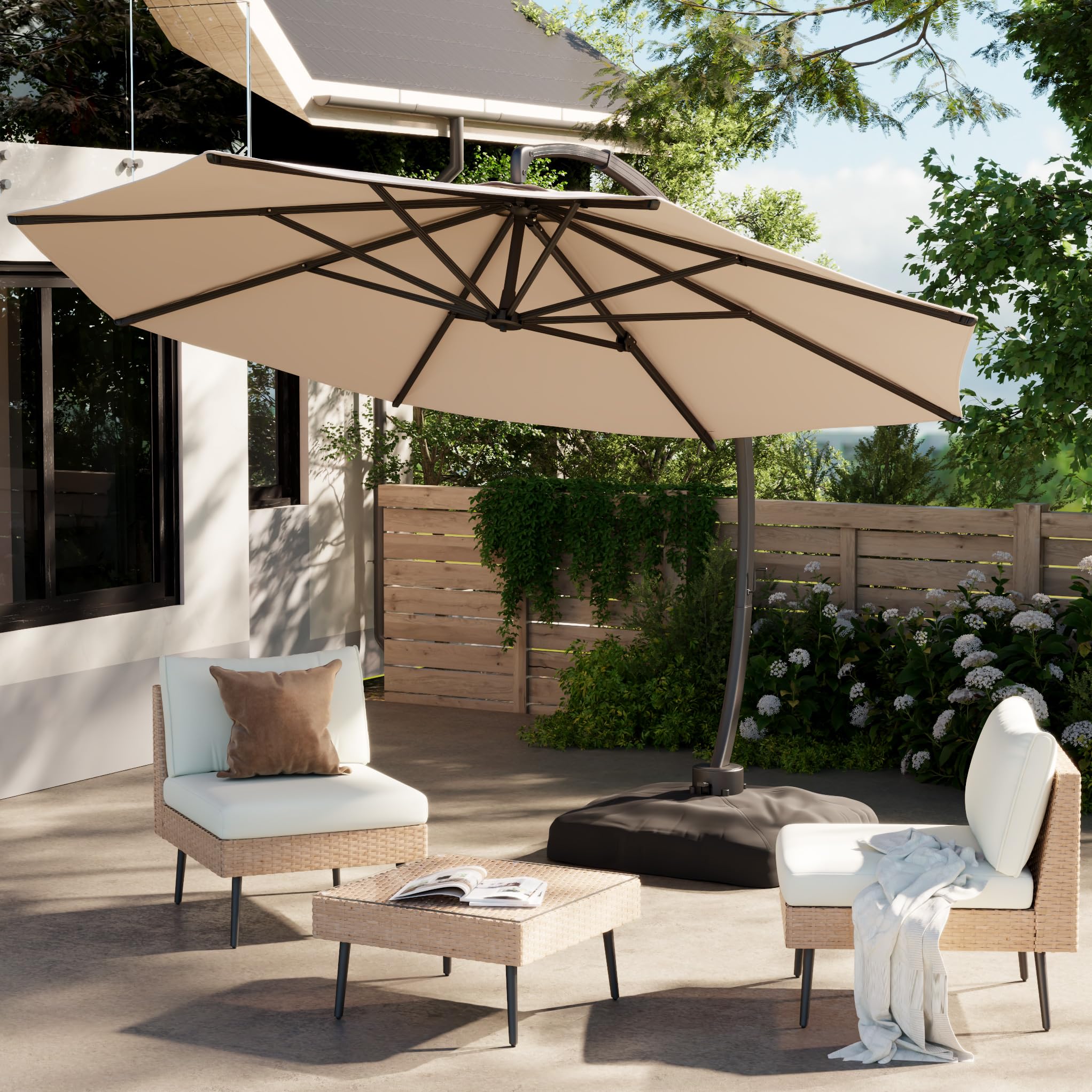 ENSTVER 11FT Cantilever Patio Umbrella With Base Included, Round Large Aluminum Outdoor Cantilever, Heavy Duty Offset Umbrella with 360°Rotation for Pool, Deck, Backyard, Garden(Khaki)