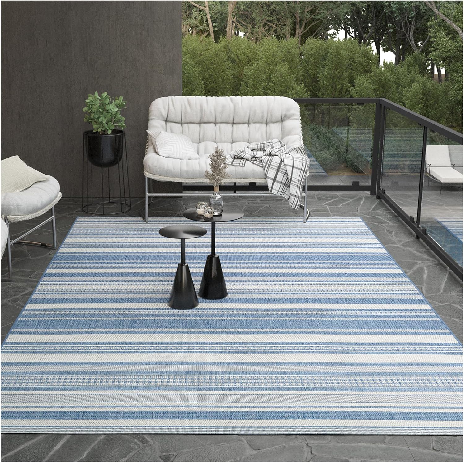 Couristan Recife Indoor Outdoor Rug - Gazebo Stripe 5'3" x 7'6" Rectangle in Ivory and Blue, Low Pile, Hose Washable, Pet- Kid Friendly Home Decor for Living Room, Patio Furniture Set, Kitchen