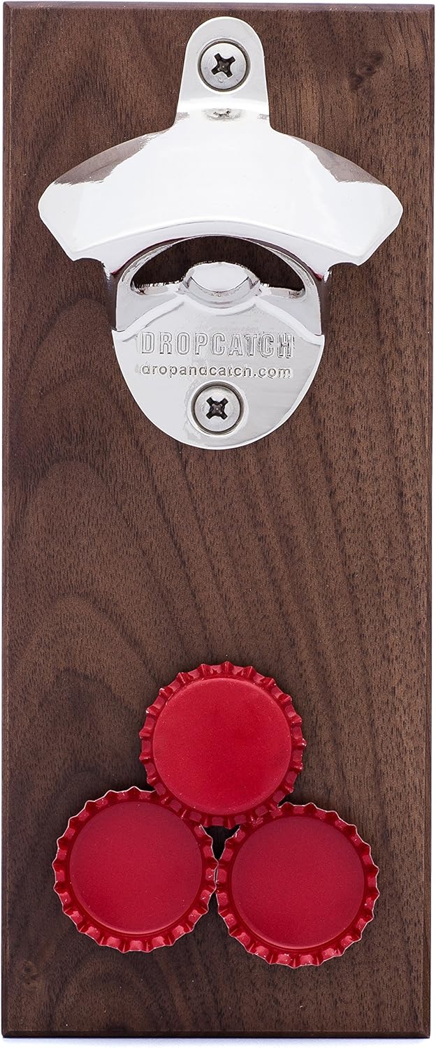 Dropcatch Magnetic Bottle Opener | Beer Cap Catcher | Wall Mount Beer Opener with Auto Catch Function | Install magnetically or Wall Mounted | Walnut Finish | Porter - Holds Up to 70 Caps