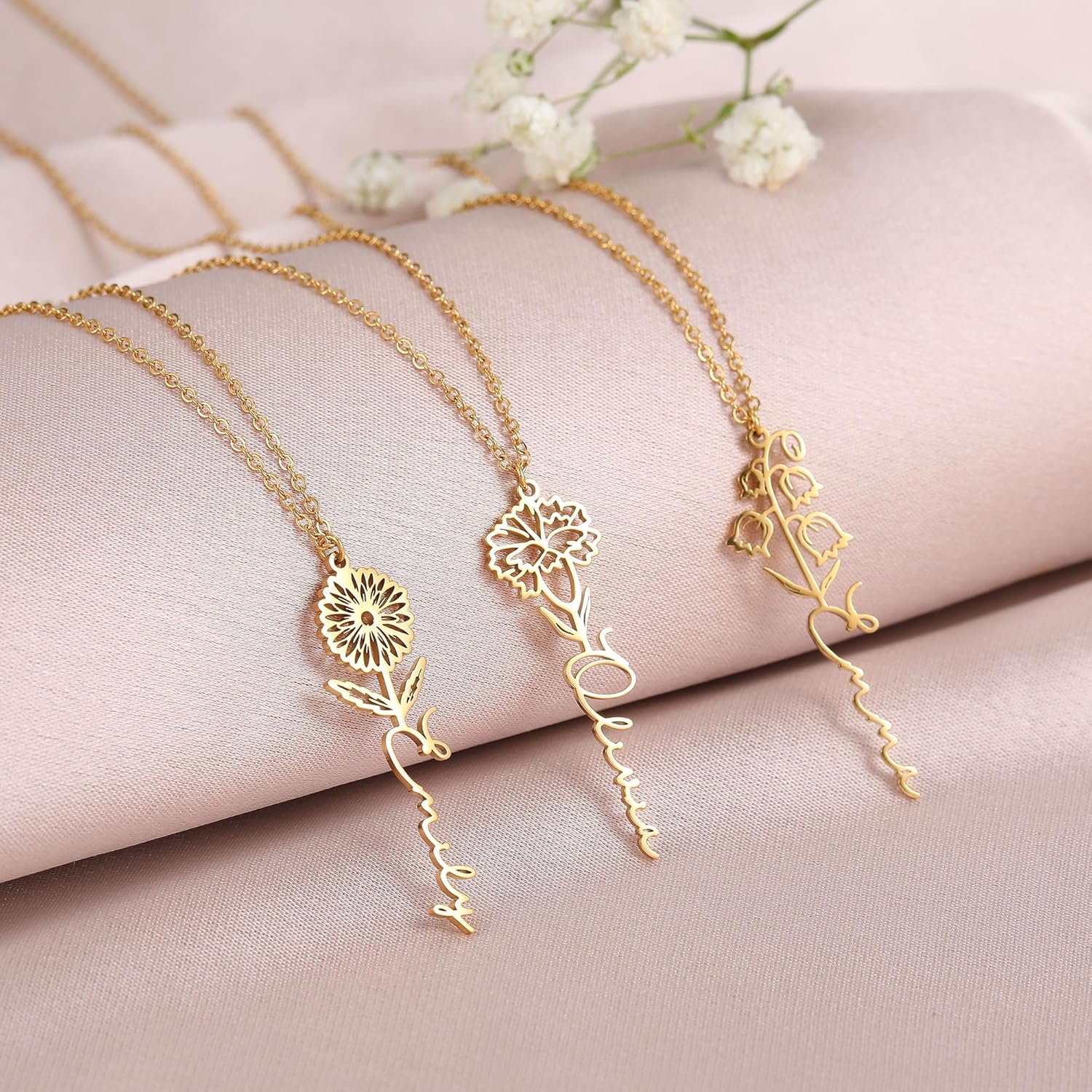 Birth Flower Name Necklace Personalized, 18K Gold Plated Floriography Custom Birth Flower Necklace with Name, Flower Wishes Customized Necklace Birthday Gifts for Women, 3 Colors - Image 4