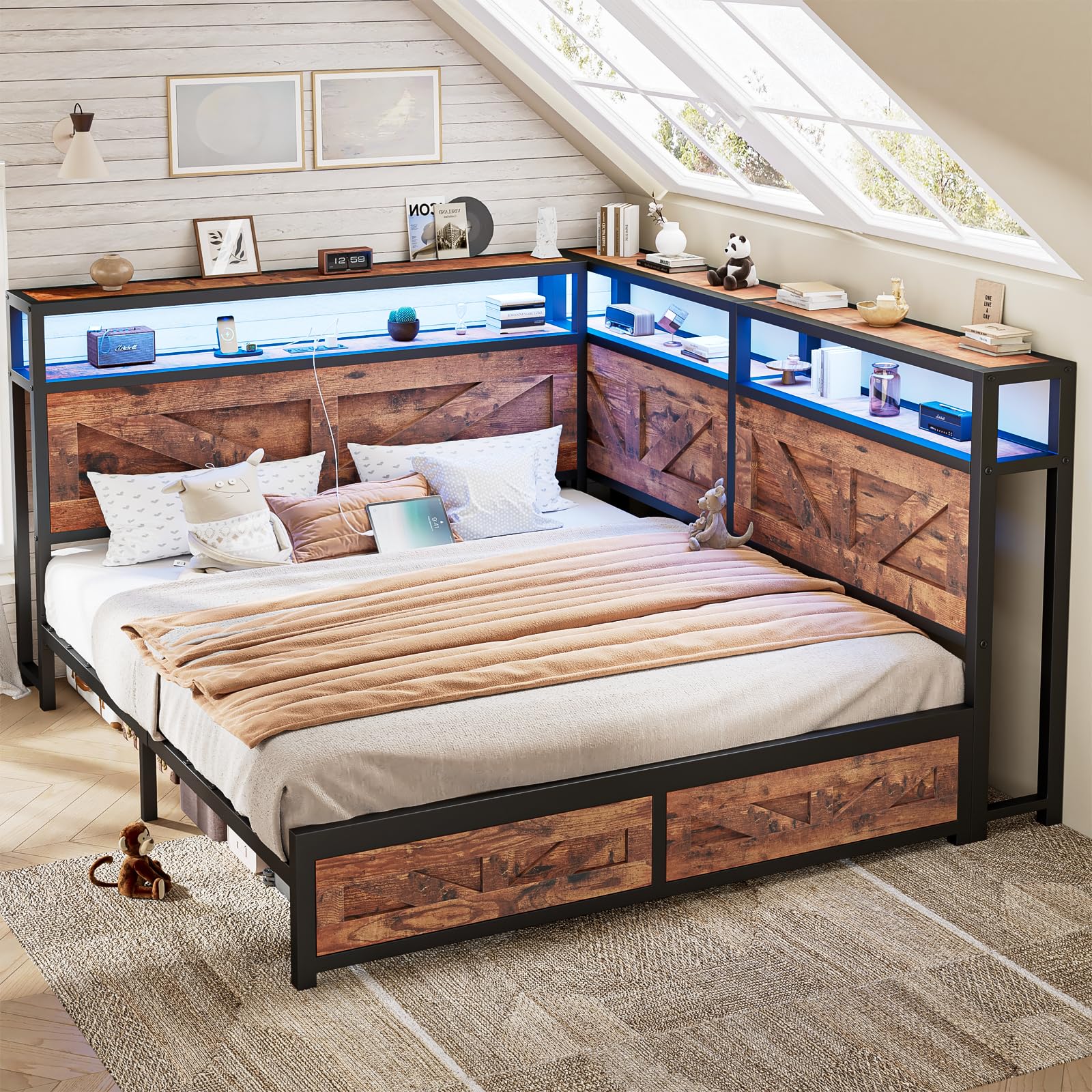 CIKUNASI Corner Queen Size Bed Frame with Headboard and Storage