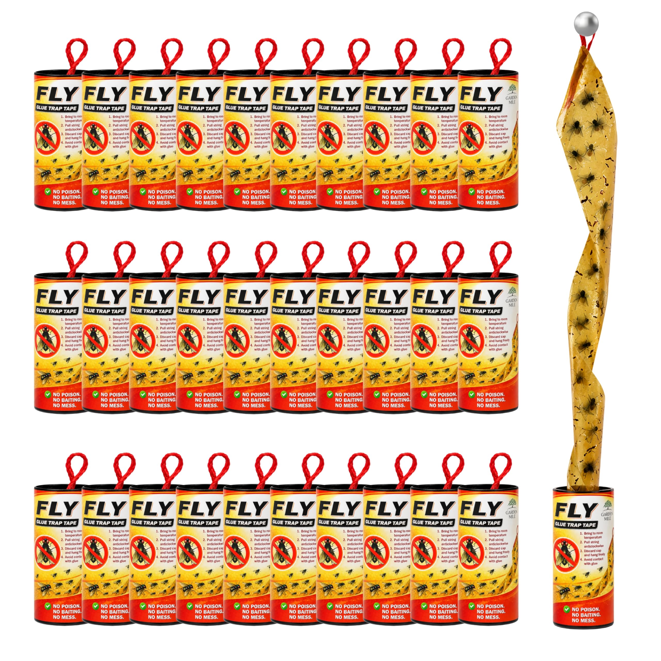 Garden Mile 30 Pack Fly Glue Trap Rolls Extra Sticky Hanging Fly Paper Tape with Hook & Thumb Tacks Sticky Flies Trap Strips for Indoor & Outdoor Fruit Fly Control Insect Catcher Ribbon Strips