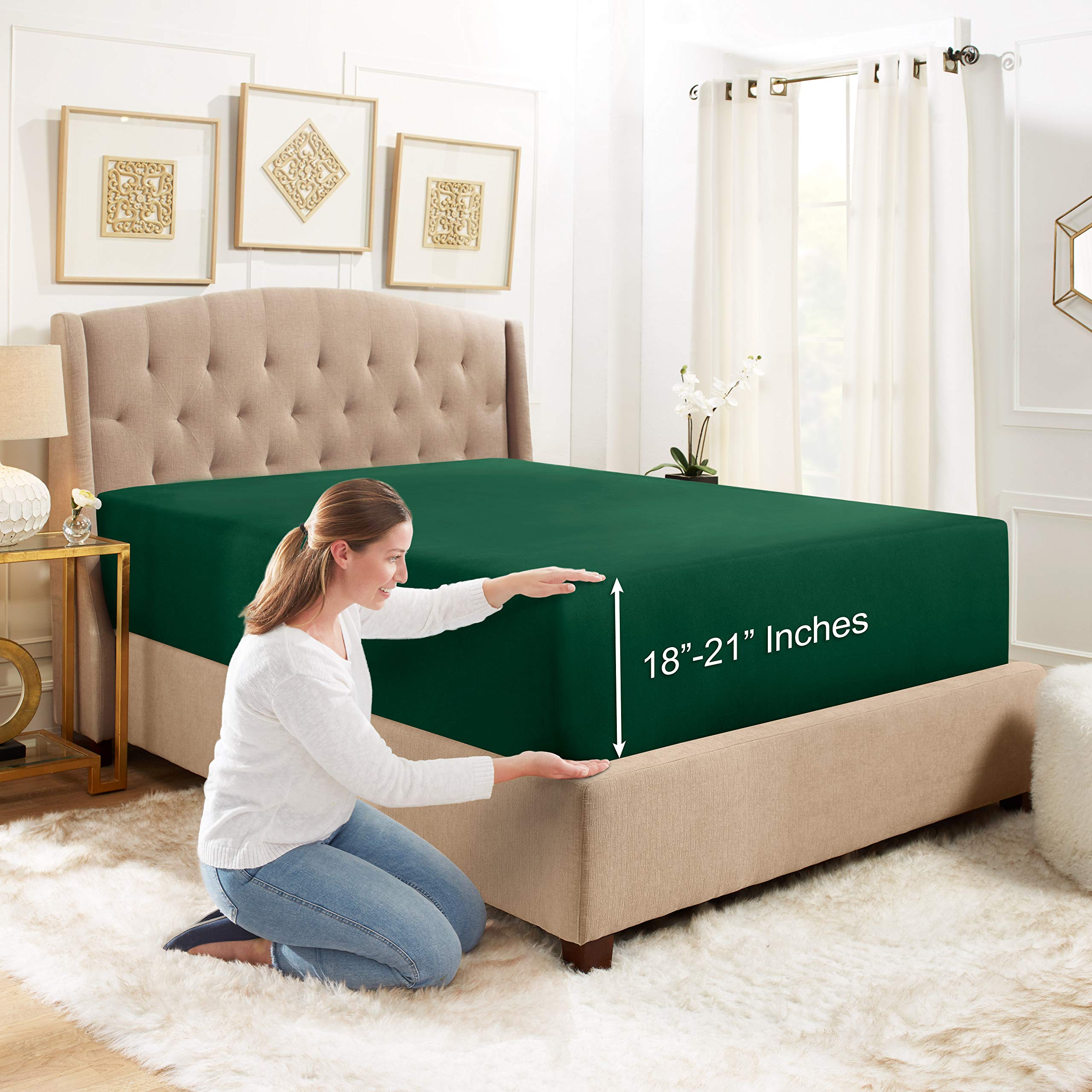 Empyrean Extra Deep Pocket Queen Fitted Sheet Only - Dark Green Fitted Sheet Queen Size, Soft Fitted Bed Sheets for 18 to 24 Inch Mattresses, Luxury Queen Fitted Sheet Deep Pocket with Corner Straps