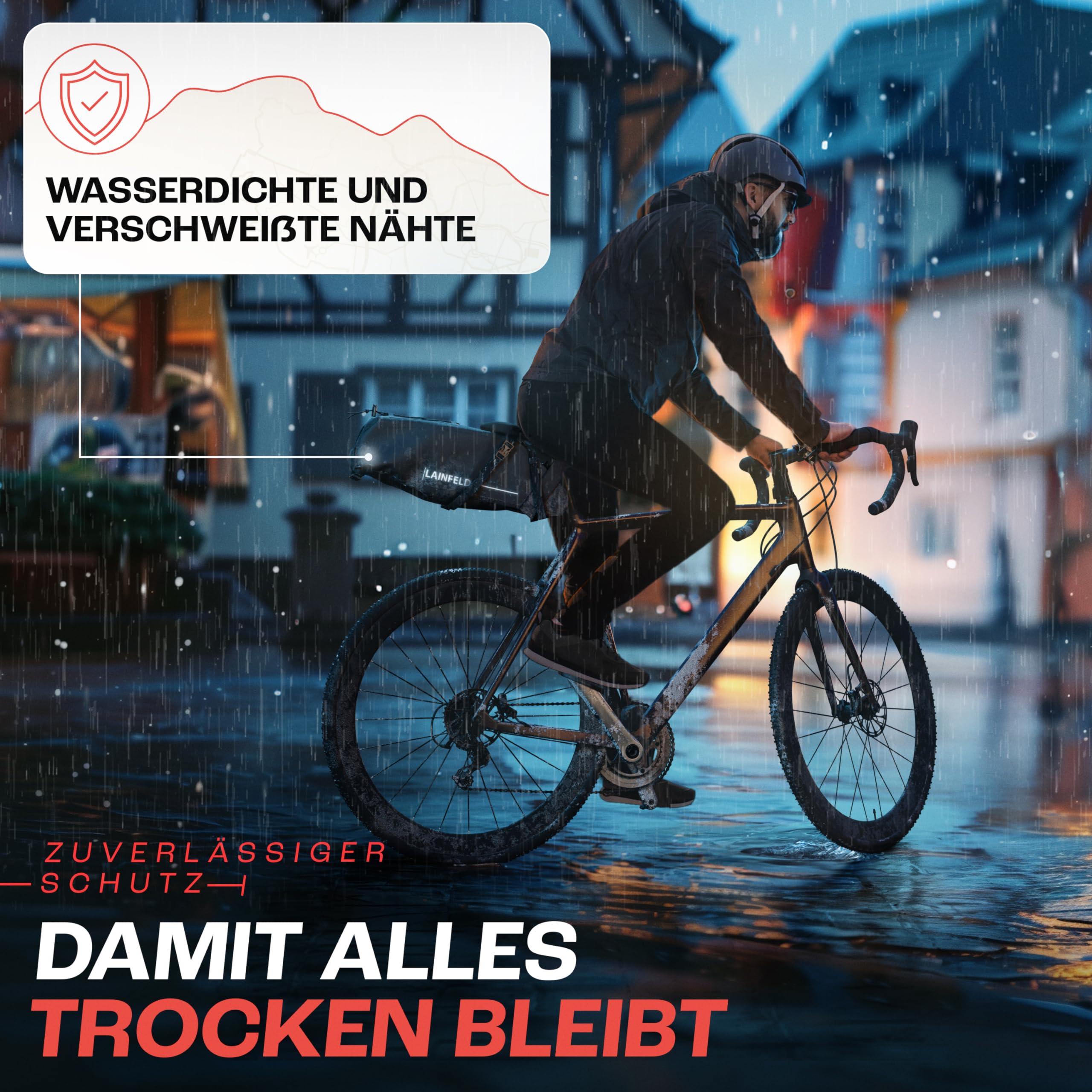 LAINFELD Fahrrad-Satteltasche [10 Liter] – 100% Wasserdicht, Reflektierend – Bikepacking-Zubehör für E-Bike, MTB, Gravel & Rennrad