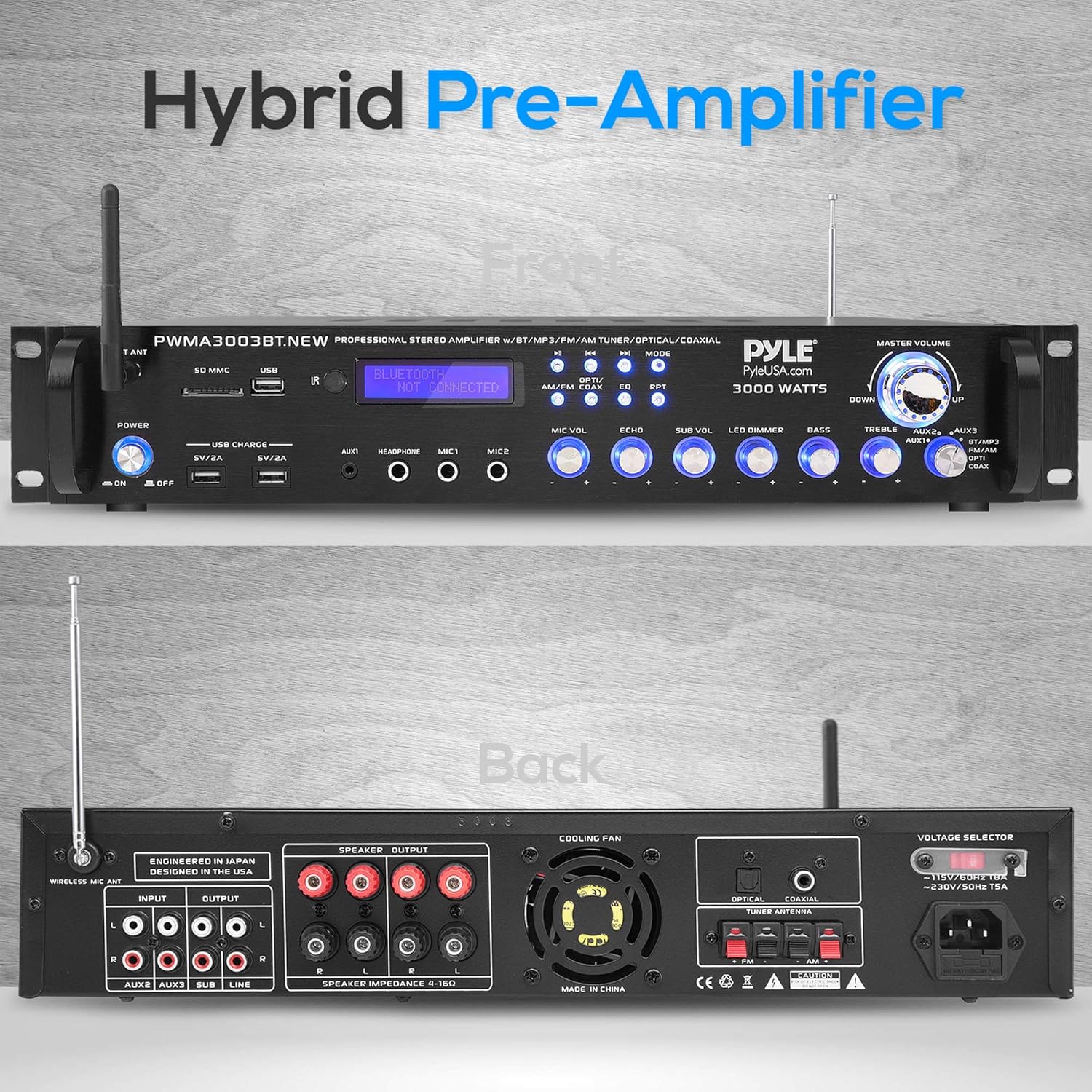 Suреr Sаlе 🛒 Bluetooth Home Audio Power Amplifier -4 Ch. 3000W, Stereo Receiver w/ Speaker Selector, FM Radio, USB, Headphone, 2 Wireless Mics for Karaoke, Great for Home Entertainment System - Pyle PWMA3003BT.NEW