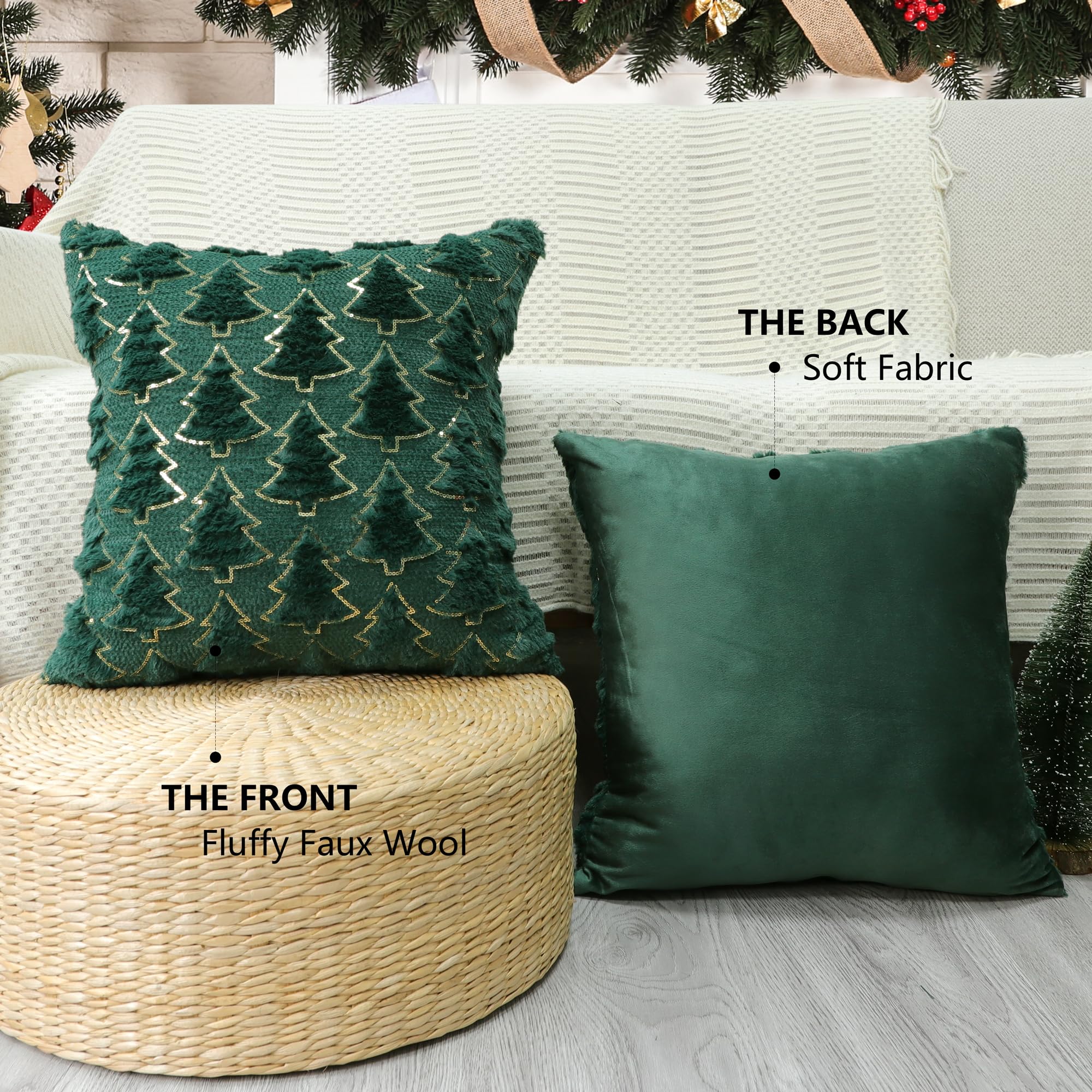 4TH Emotion Christmas Tree Decorative Pillow Covers 18x18 Set of 2, Green Soft Plush Faux Fur Farmhouse Throw Cushion Cases for Xmas Winter Holiday Home Decorations 4