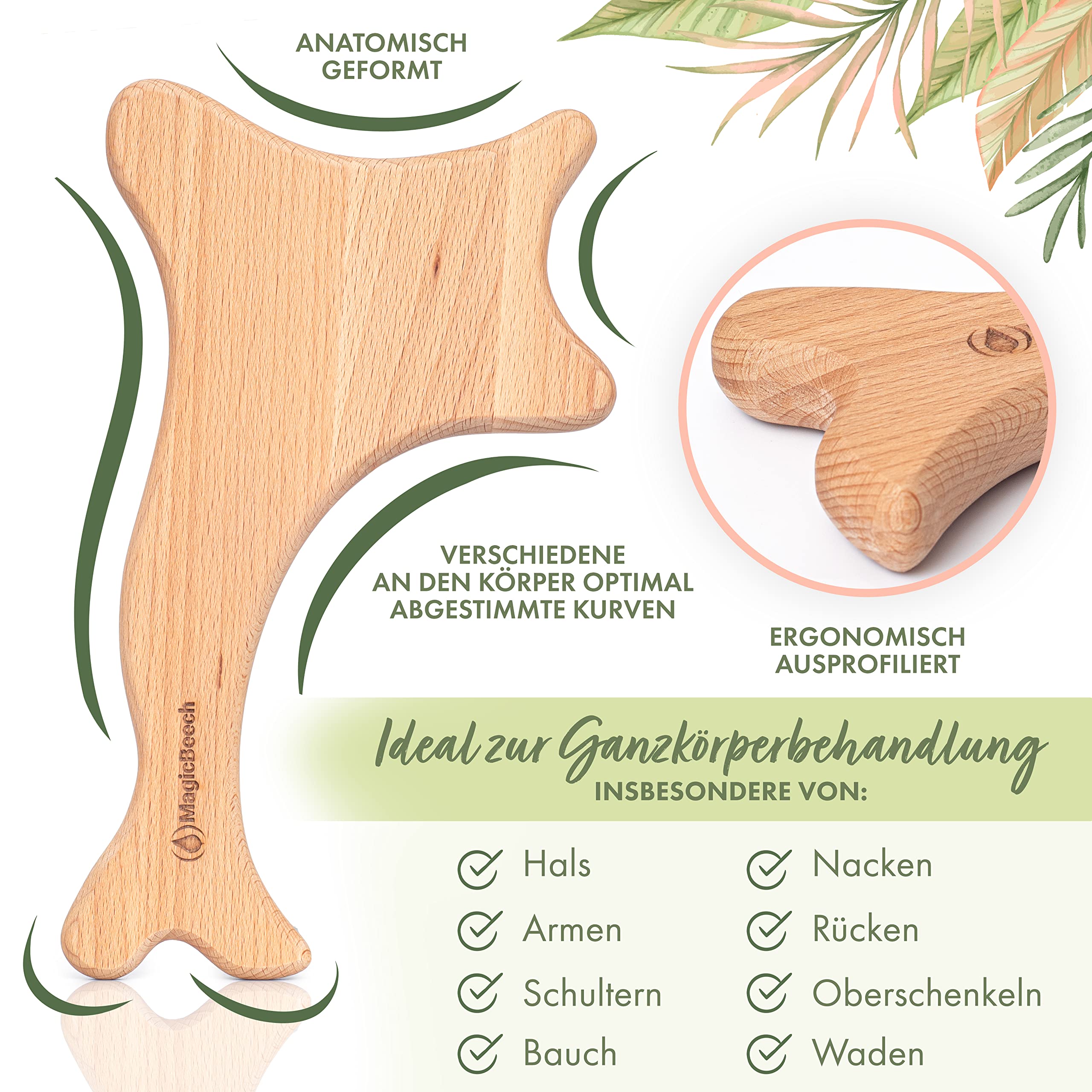 Massage-Paddel für Maderotherapie und Lymphdrainage, aus geöltem Buchenholz, Massagegerät gegen Cellulite, 15 x 26 cm, 193 g