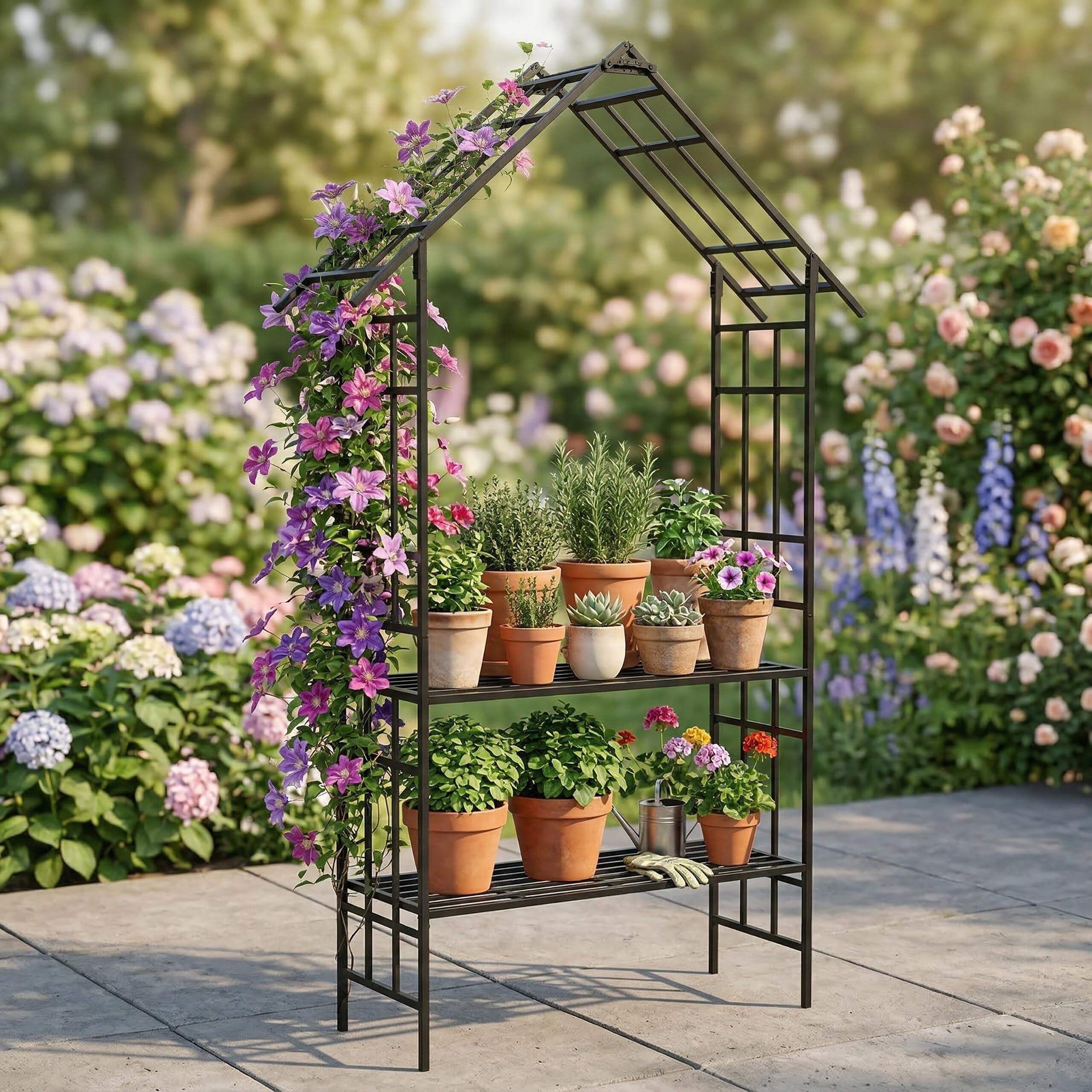 Arche à Roses Relaxdays, avec Banc ou jardinière, pour Jardin & entrée, H x L x P : 247 x 150 x 43 cm, métal, Noir